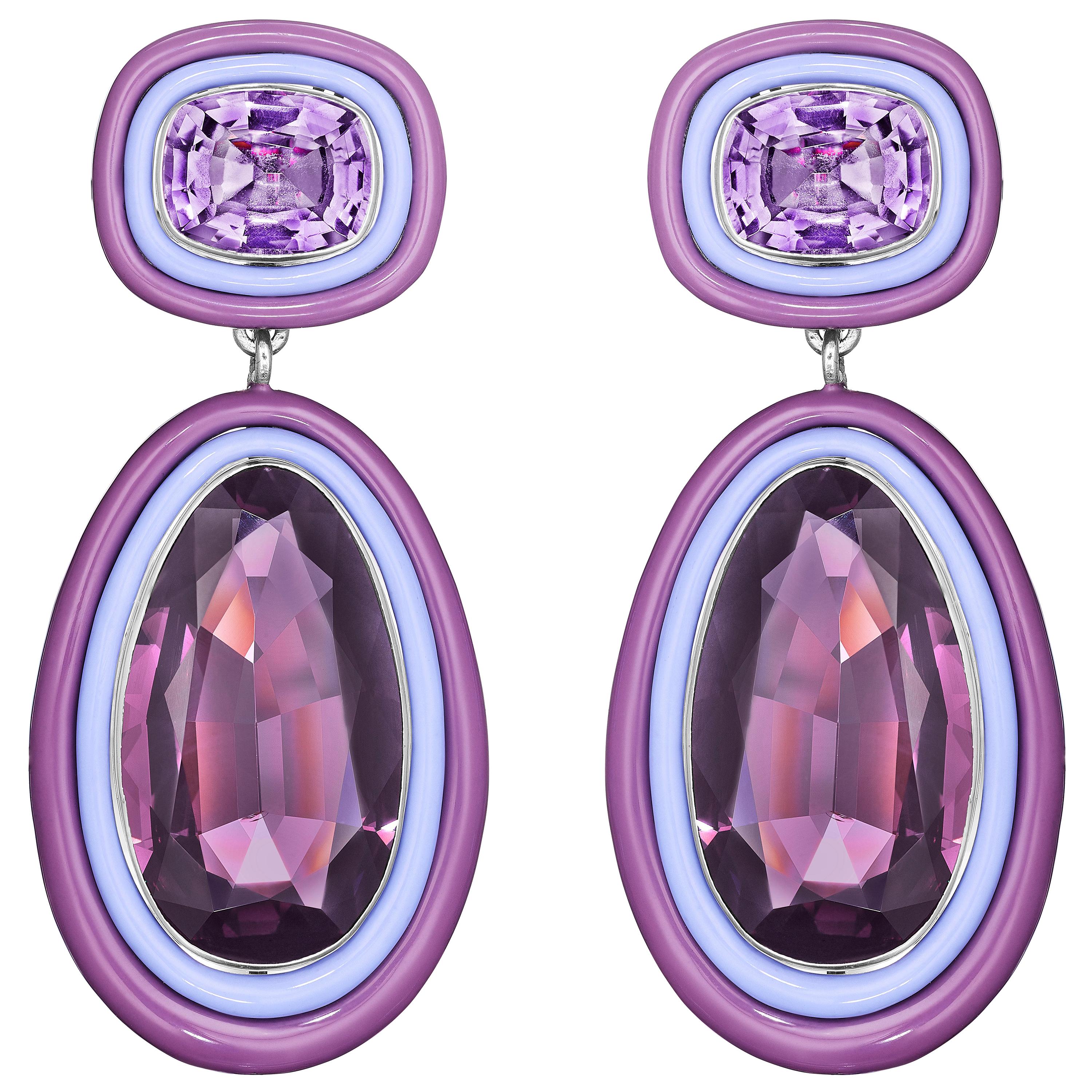 Siegelson Spinel and Amethyst White Gold Purple Chroma Ear Clip Earrings For Sale