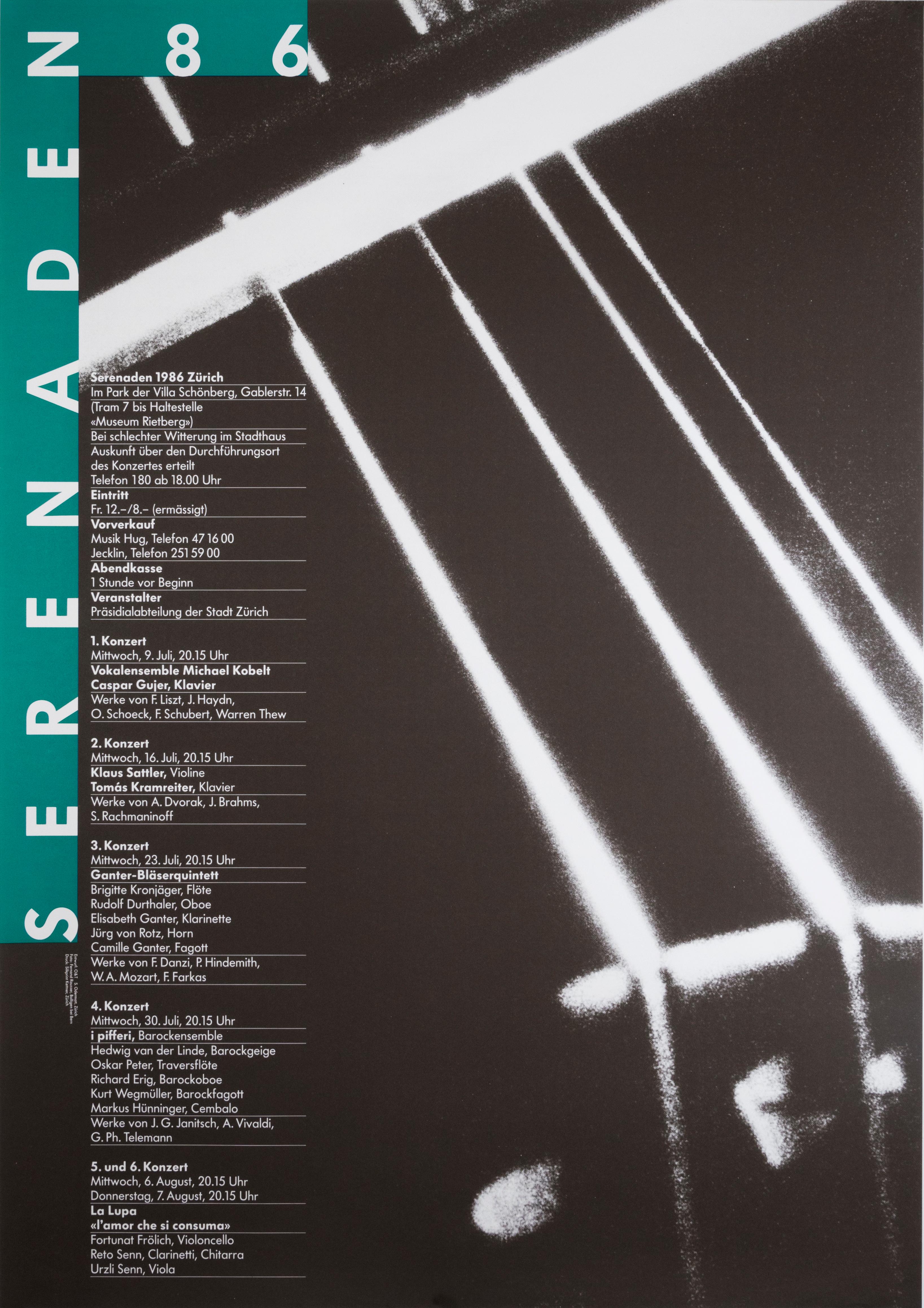 Siegfried Odermatt Abstract Print - "Serenaden 1986" Swiss Post Modern Music Festival Cello Original Vintage Poster