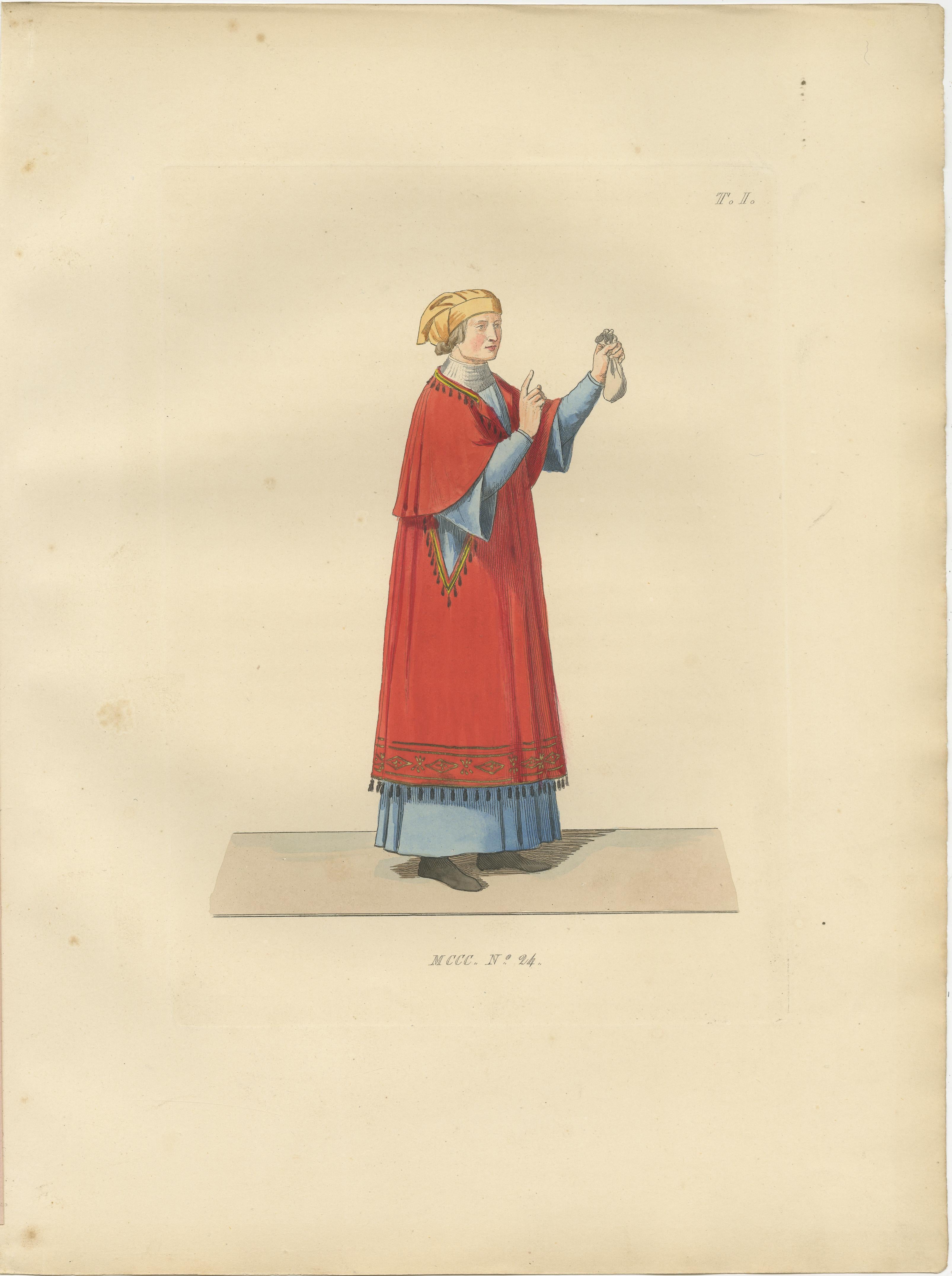 Sienese Nobility and Knight of the Knot in Lavish Medieval Costume

This magnificent set of three hand-colored lithographs showcases a vivid panorama of Italian dress and heraldic identity from the 14th and early 15th centuries. These plates,