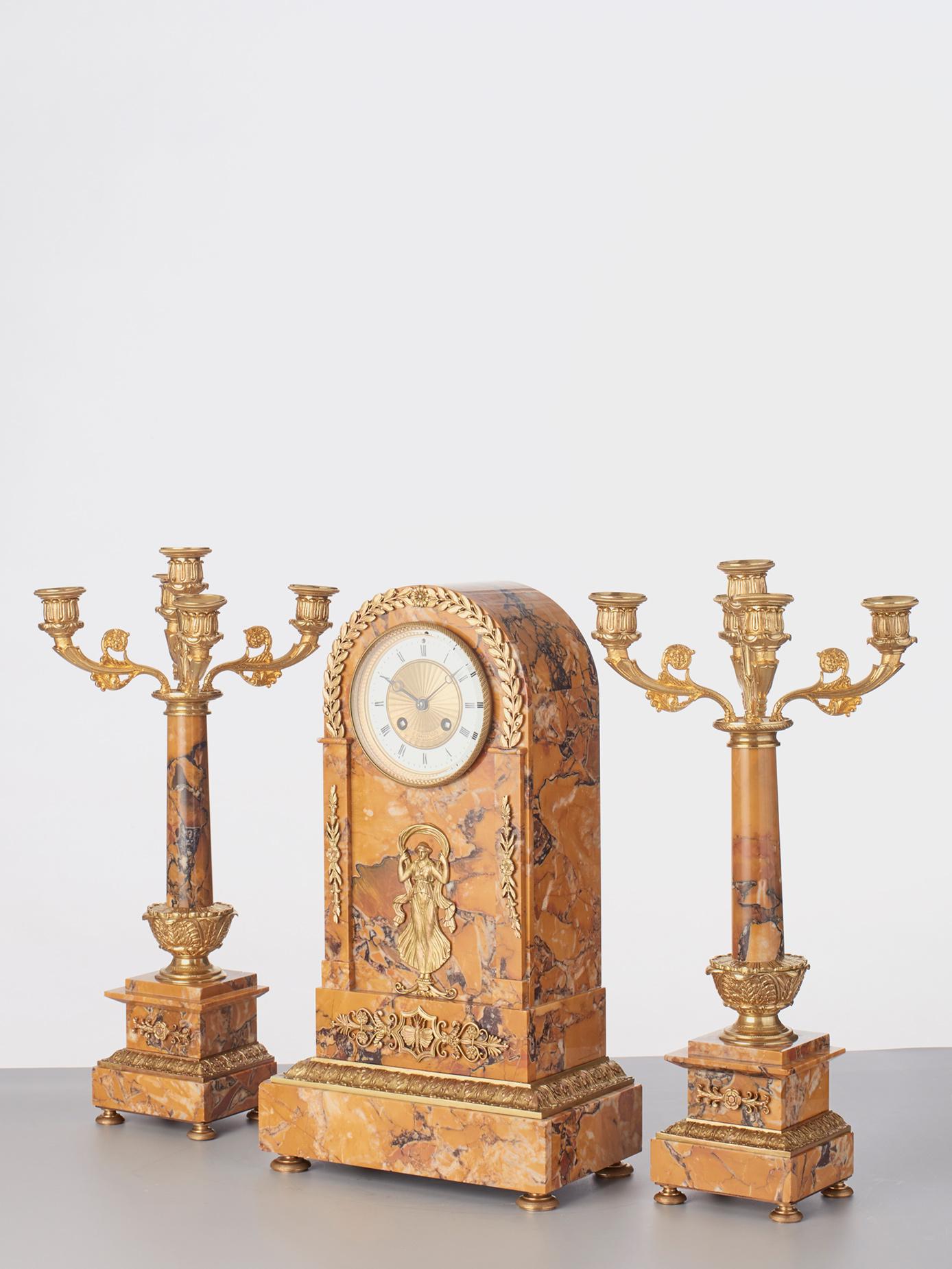 19th Century Sienna marble clock with candle holders  For Sale