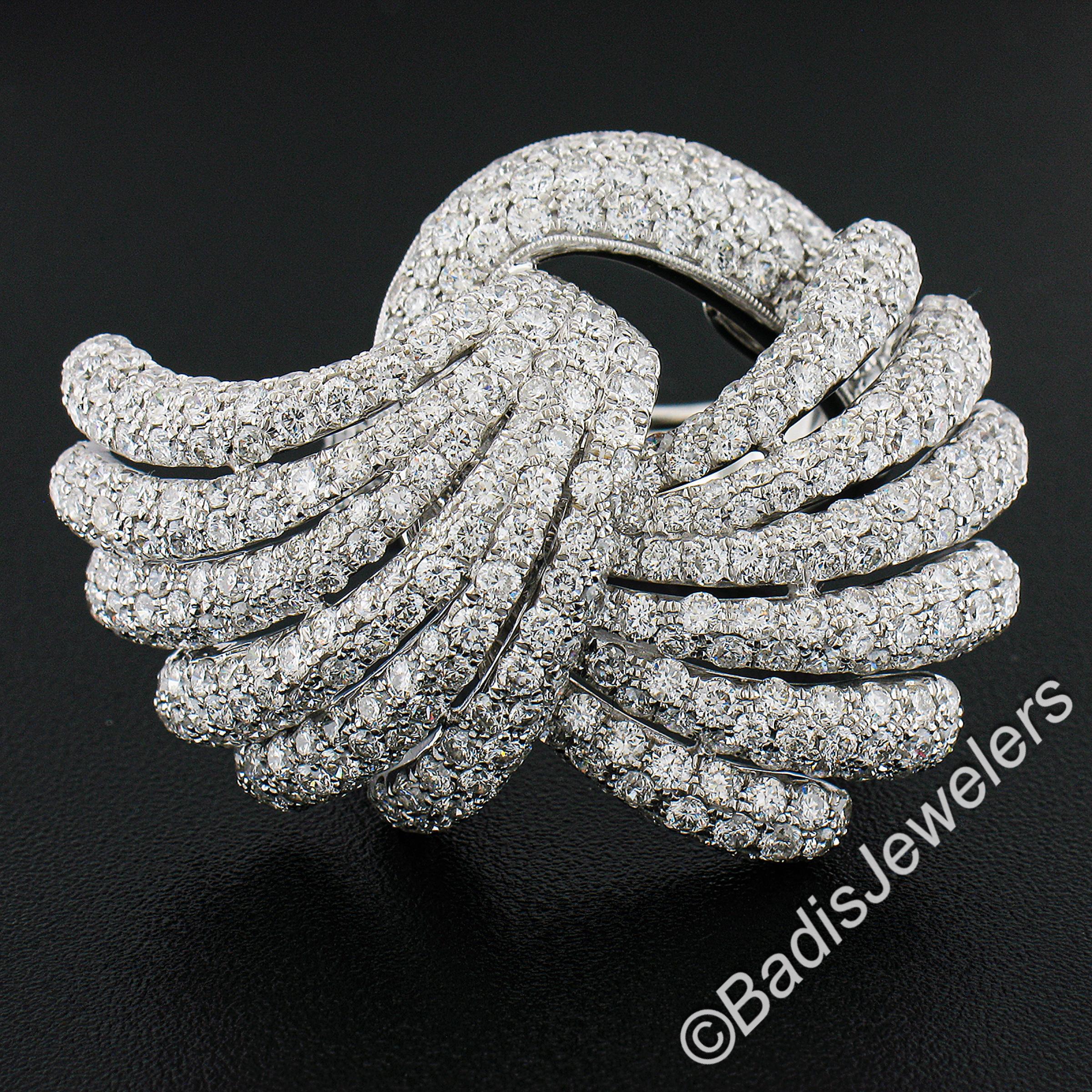 Round Cut Siera 18k White Gold 7.60ctw Pave Diamond Feather Wings Bypass Cocktail Ring For Sale