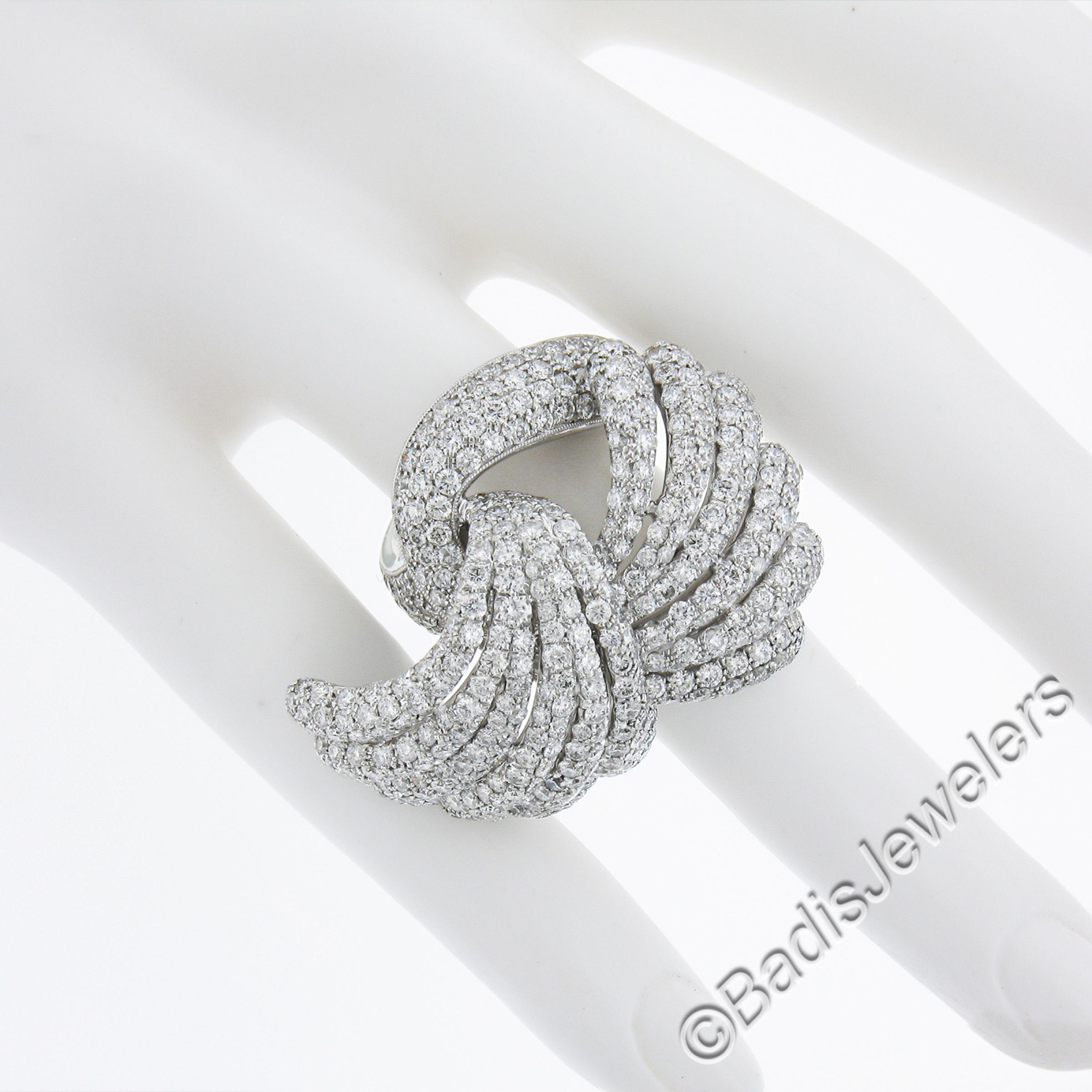 Siera 18k White Gold 7.60ctw Pave Diamond Feather Wings Bypass Cocktail Ring In Good Condition For Sale In Montclair, NJ