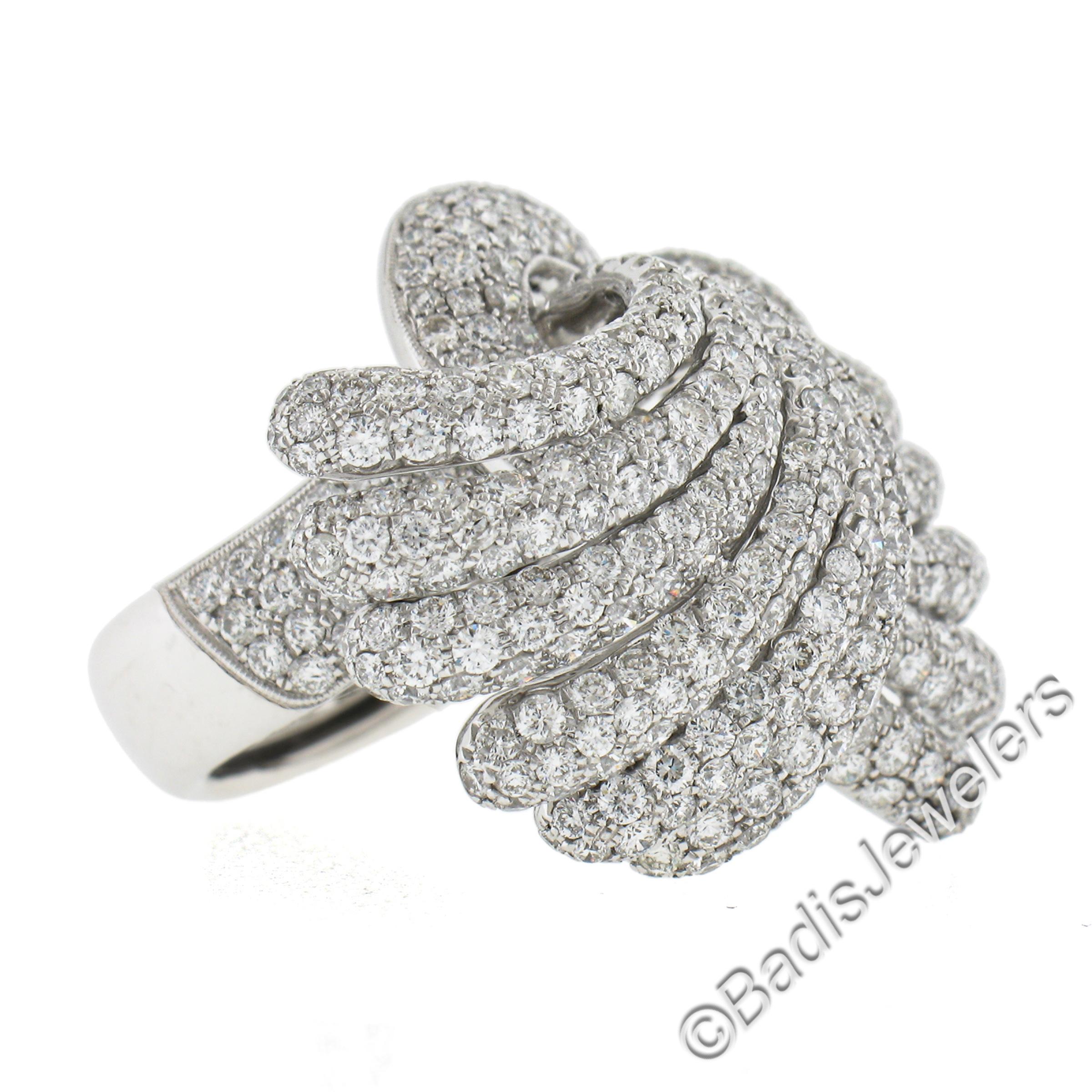 Women's Siera 18k White Gold 7.60ctw Pave Diamond Feather Wings Bypass Cocktail Ring For Sale