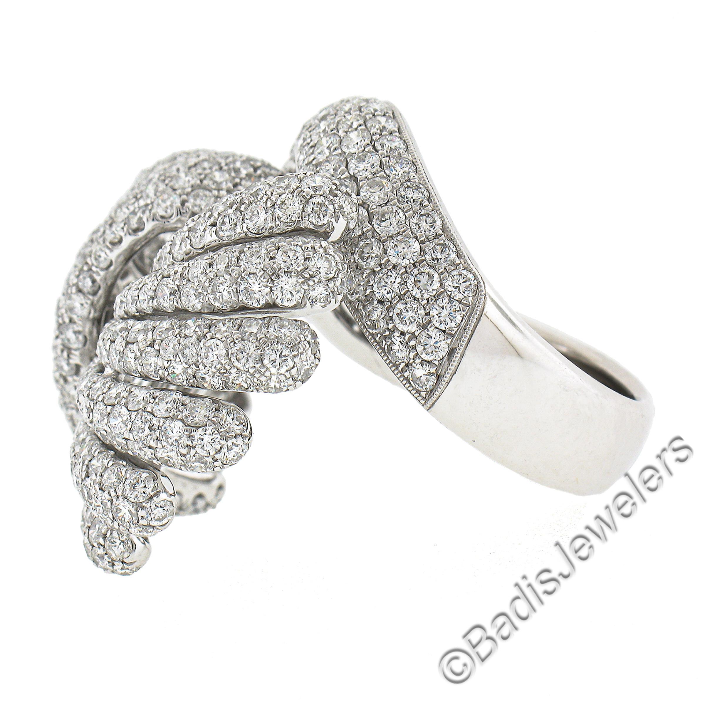 Siera 18k White Gold 7.60ctw Pave Diamond Feather Wings Bypass Cocktail Ring For Sale 1