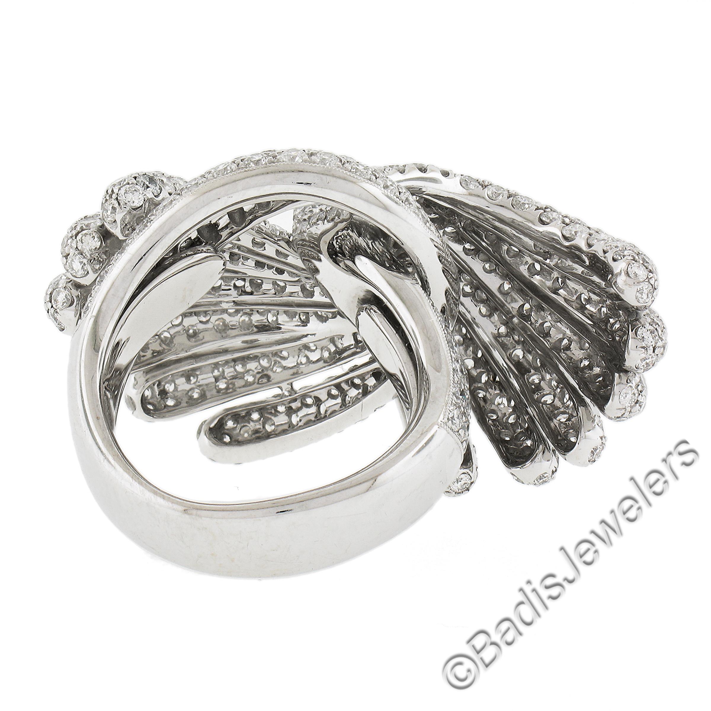 Siera 18k White Gold 7.60ctw Pave Diamond Feather Wings Bypass Cocktail Ring For Sale 2