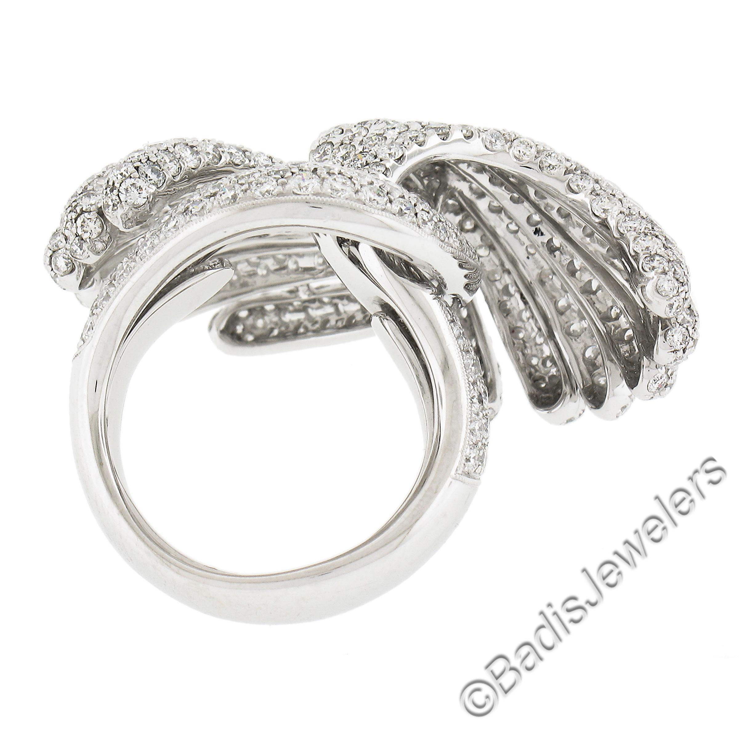 Siera 18k White Gold 7.60ctw Pave Diamond Feather Wings Bypass Cocktail Ring For Sale 3