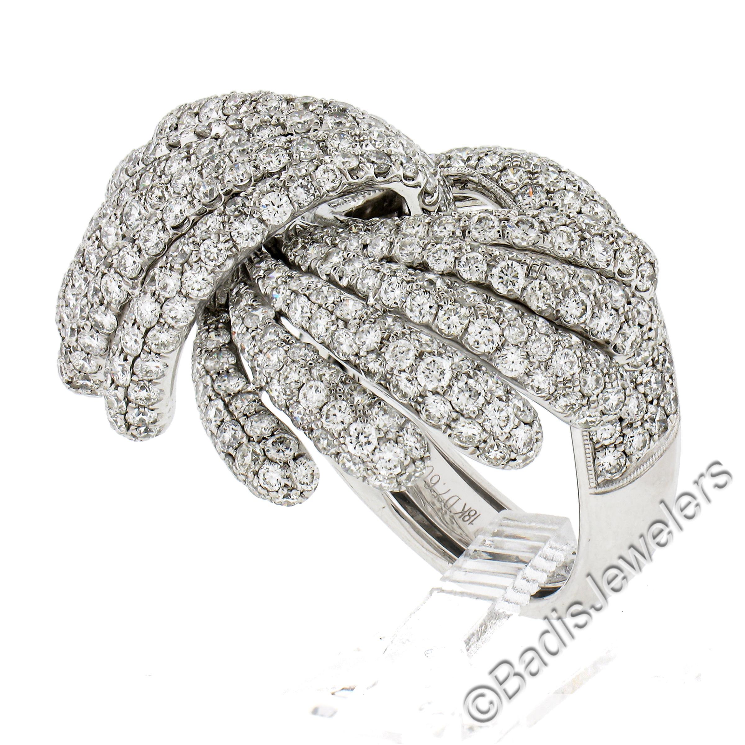 Siera 18k White Gold 7.60ctw Pave Diamond Feather Wings Bypass Cocktail Ring For Sale 4