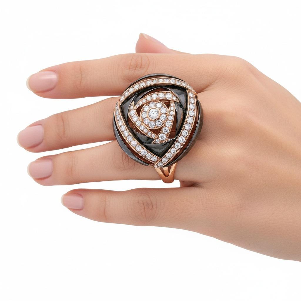 Este llamativo anillo redondo de cóctel muestra el sofisticado arte de la casa joyera SIERA, expertamente elaborado en lustroso oro rosa de 18 quilates con espectaculares detalles de rodio negro y acentuado con 76 diamantes redondos talla brillante
