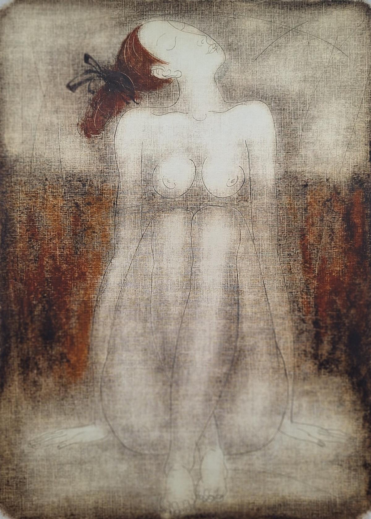 Nackt. Contemporary Figurative Nude Monotype Print, europäischer Künstler