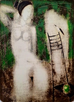 Nude in green. Contemporary Figurative Nude Monotype Print, European artist