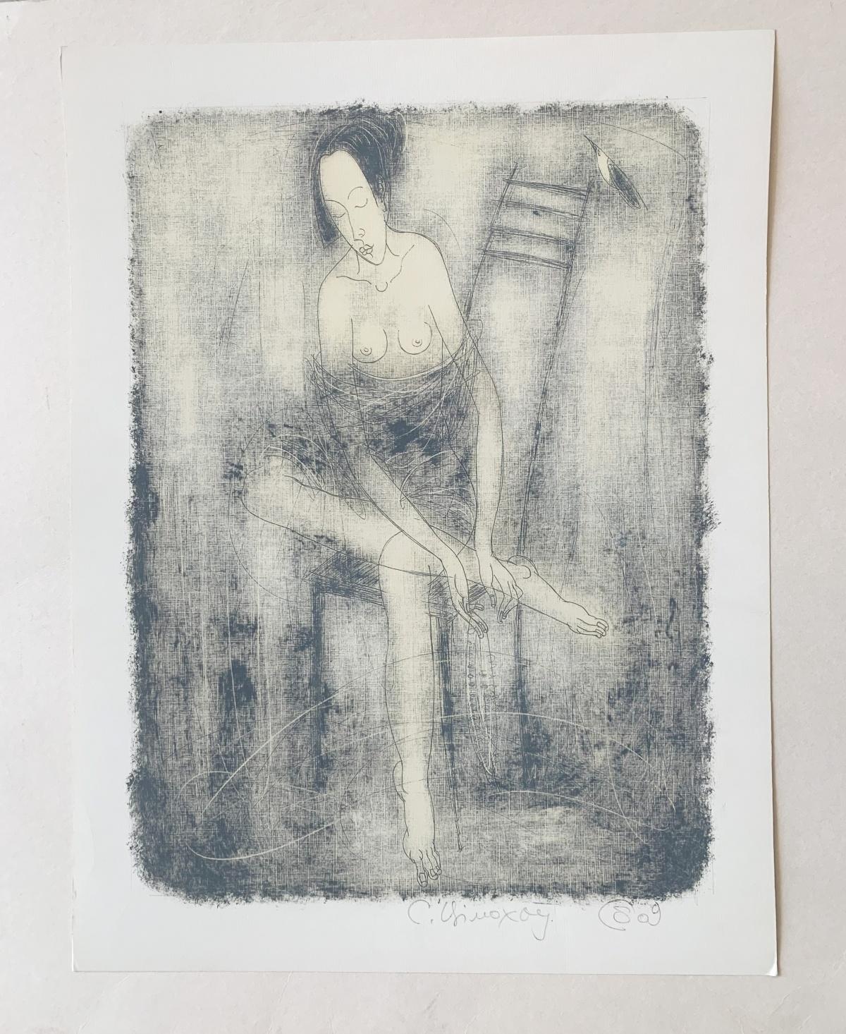 Nude on a chair - XXI Century, Contemporary Figurative Monotype Print - Gray Nude Print by Siergiej Timochow