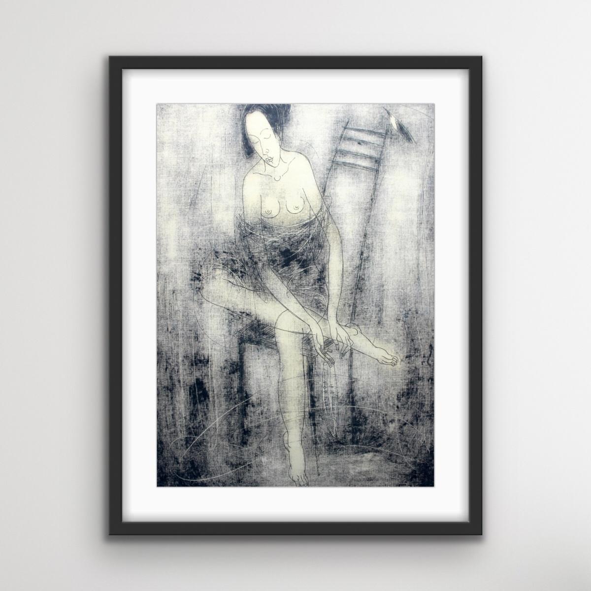 Nude on a chair - XXI Century, Contemporary Figurative Monotype Print For Sale 2