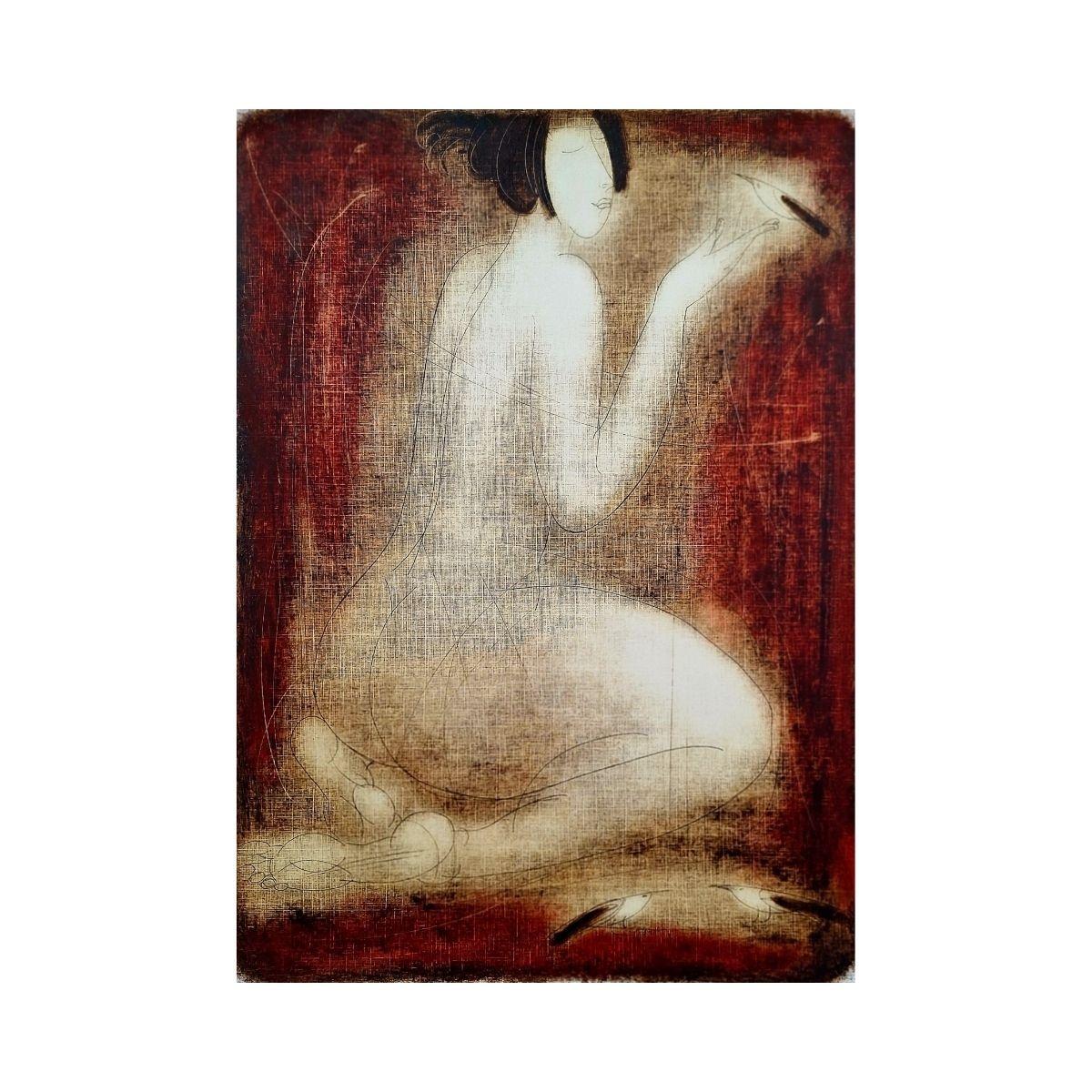 Nackt mit einem Vogel. Zeitgenössischer figurativer Monotypie-Druck, europäischer Künstler – Print von Siergiej Timochow