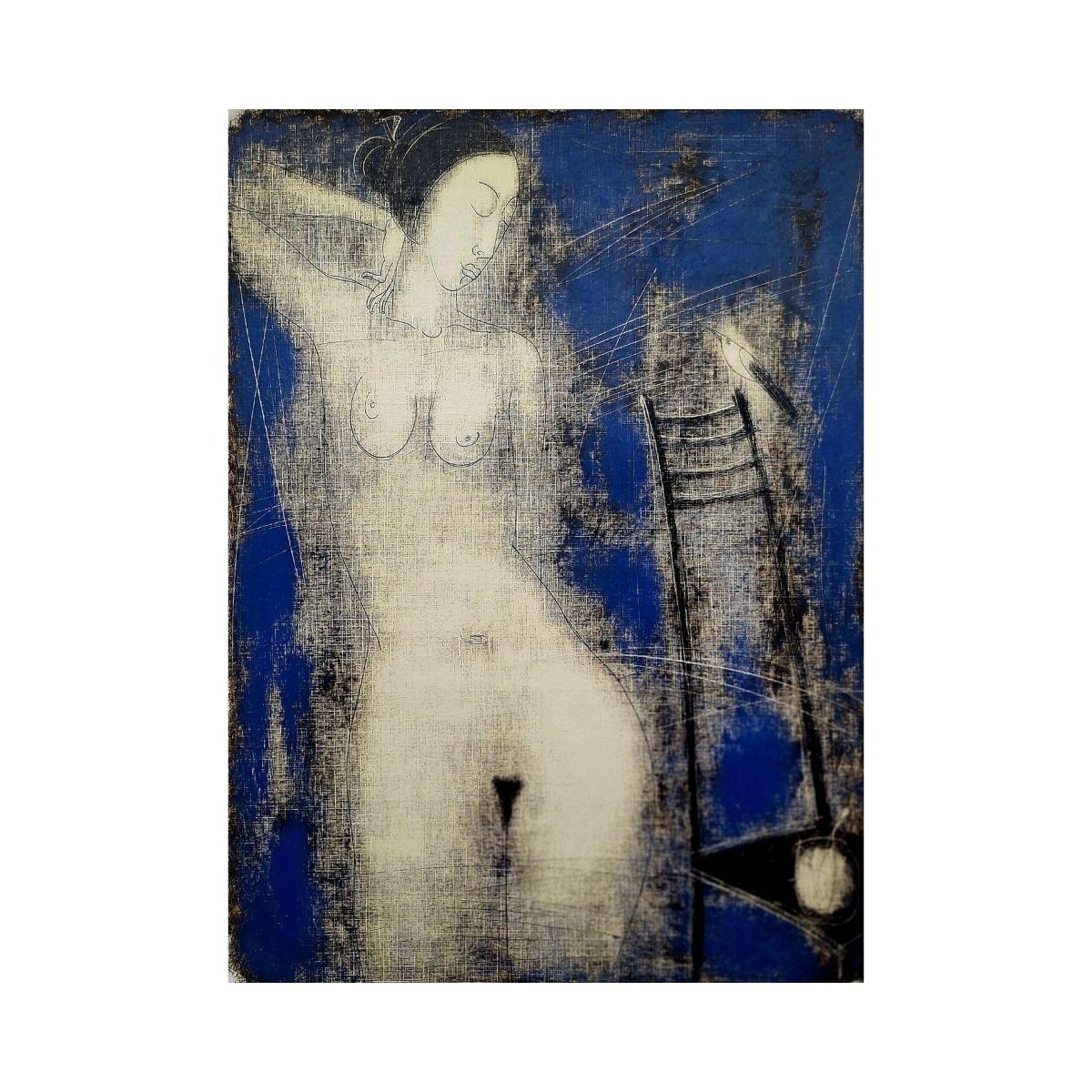 Desnudo con un pájaro. Monotipo figurativo contemporáneo, artista europeo - Print de Siergiej Timochow