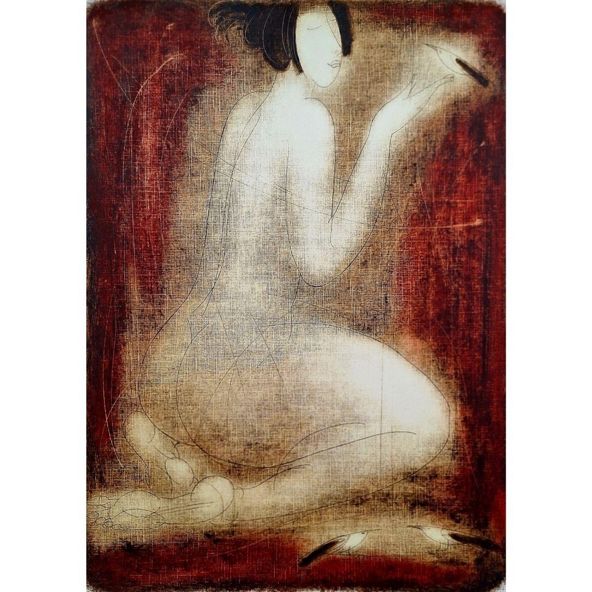 Nackt mit einem Vogel. Zeitgenössischer figurativer Monotypie-Druck, europäischer Künstler (Braun), Figurative Print, von Siergiej Timochow