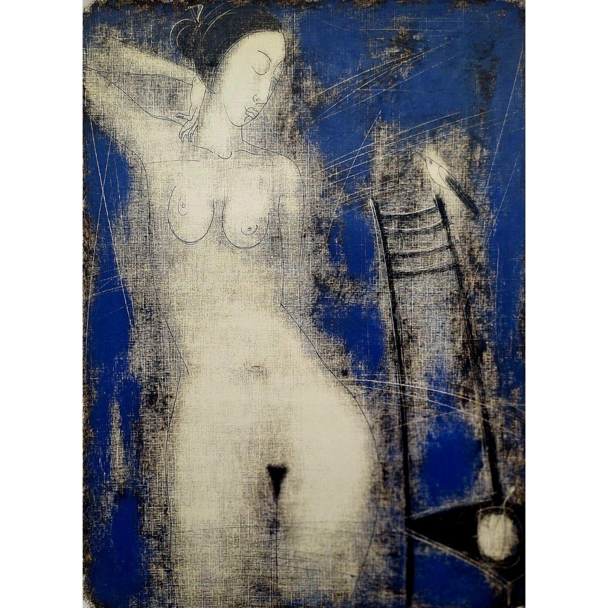 Desnudo con un pájaro. Monotipo figurativo contemporáneo, artista europeo - Print Contemporáneo de Siergiej Timochow