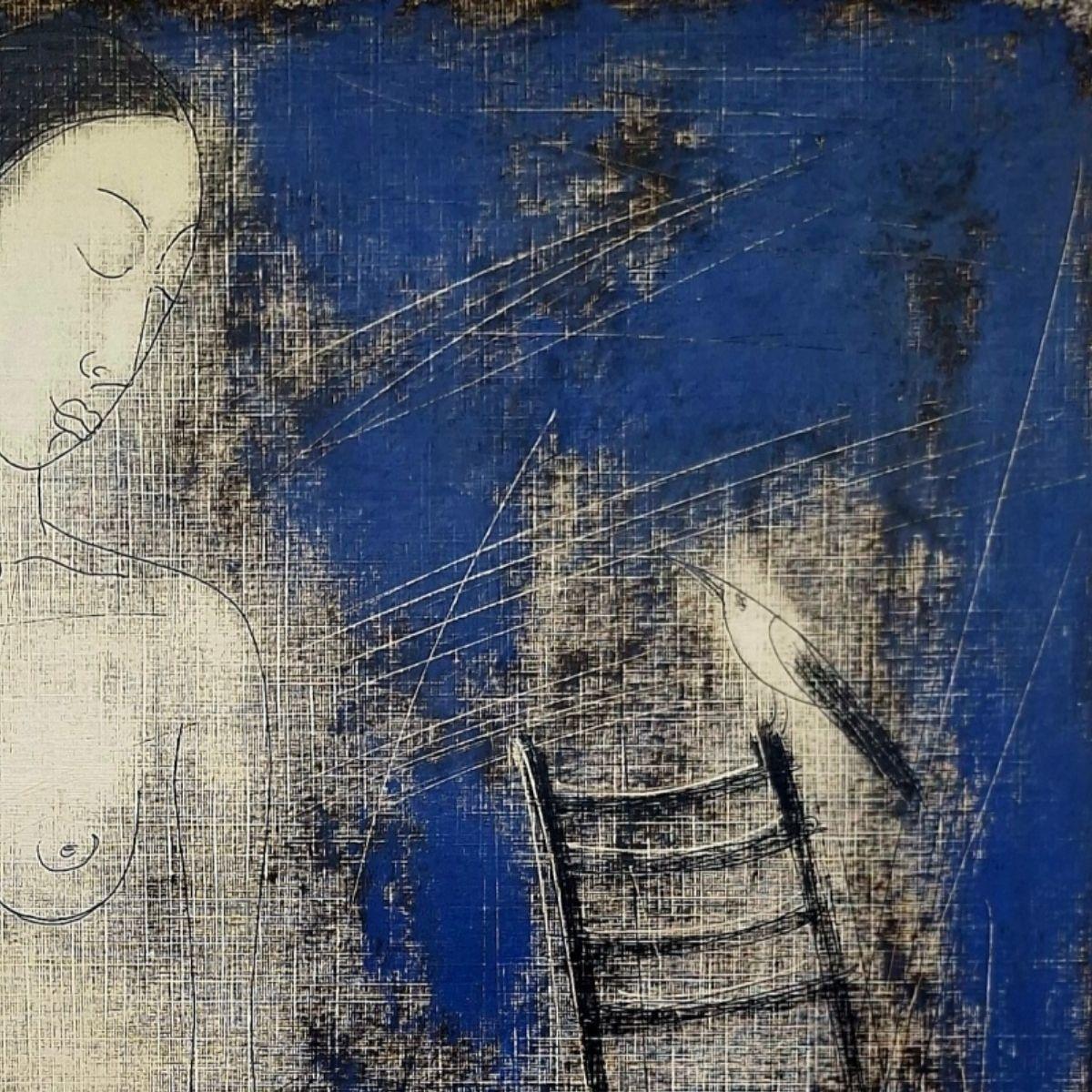 Desnudo con un pájaro. Monotipo figurativo contemporáneo, artista europeo - Figurative Print Negro de Siergiej Timochow