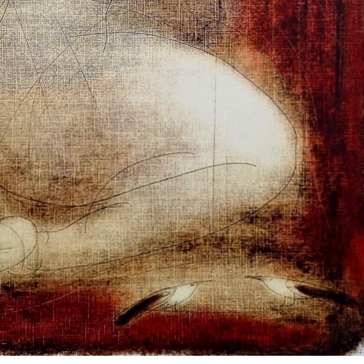 Nackt mit einem Vogel. Zeitgenössischer figurativer Monotypie-Druck, europäischer Künstler im Angebot 1