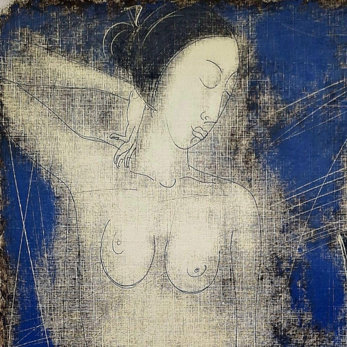 Monotipo contemporáneo de desnudo figurativo del artista bielorruso Siergiej Timochow. El grabado representa a una mujer sentada. La composición es monocromática en azul con acentos negros. Monotipo sobre papel texturado. 

Las obras en monotipo de