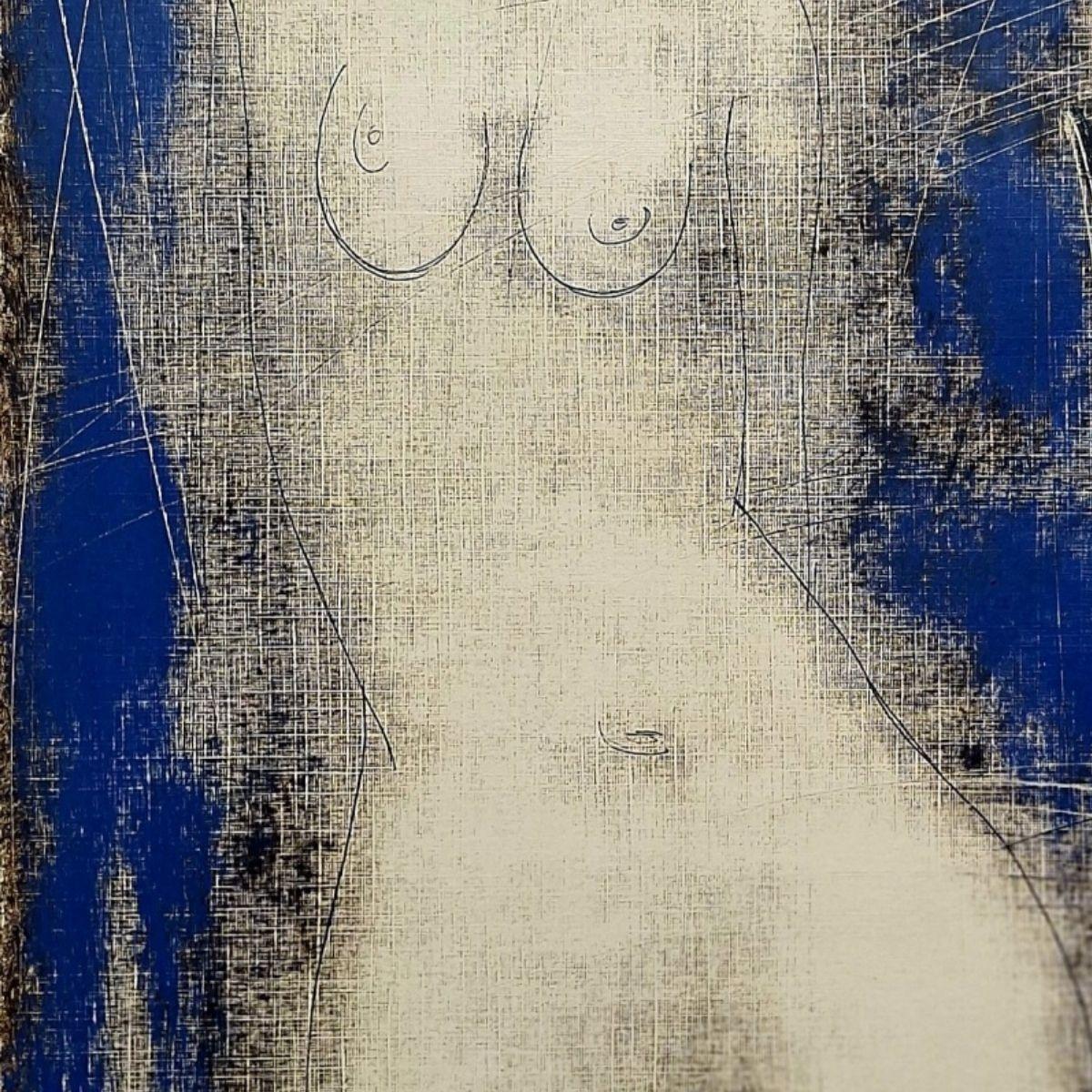 Desnudo con un pájaro. Monotipo figurativo contemporáneo, artista europeo en venta 2