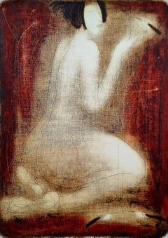 Nude with a bird. Contemporary Figurative Monotype Print, European artist