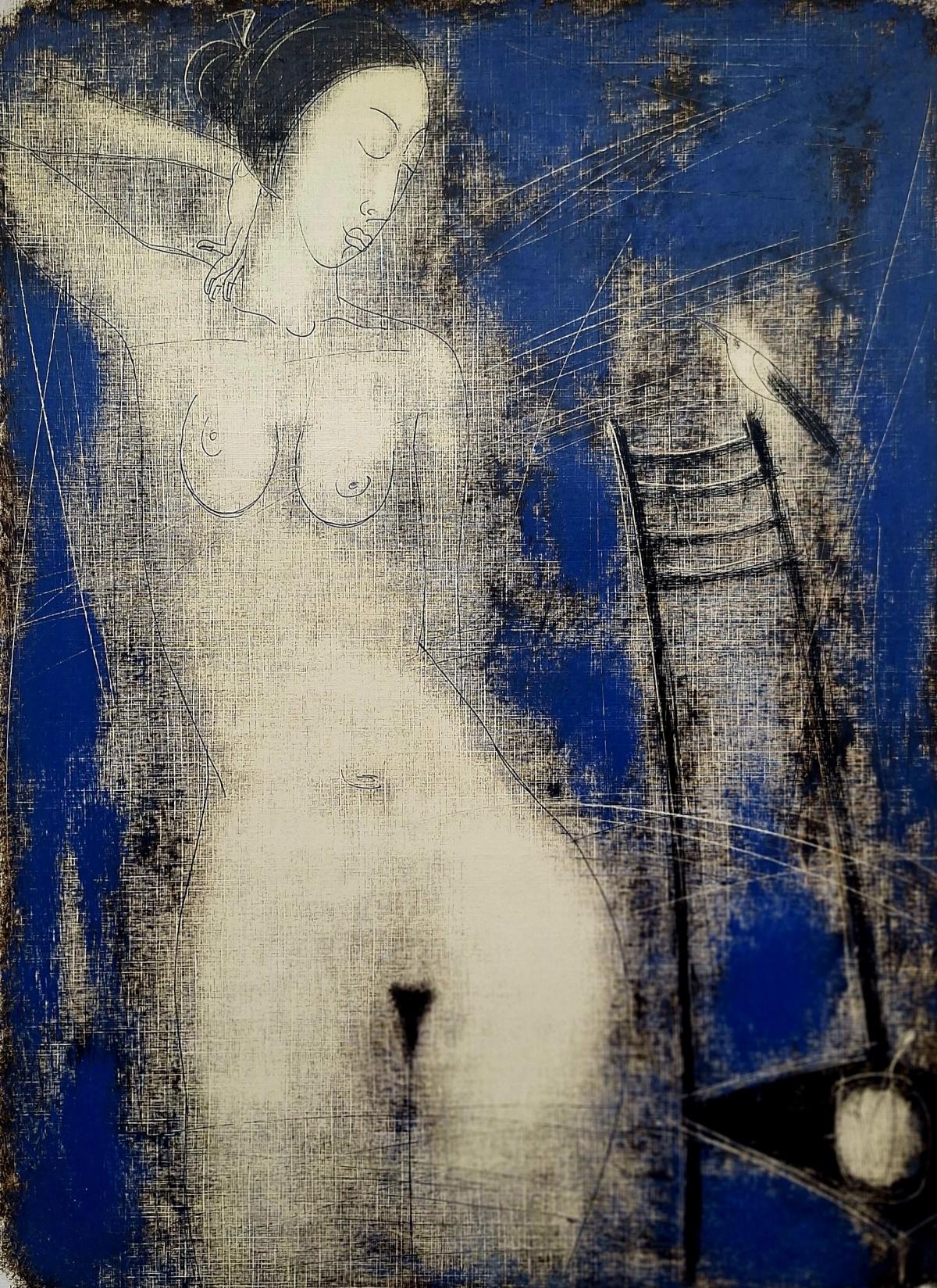 Nude with a bird. Contemporary Figurative Monotype Print, European artist