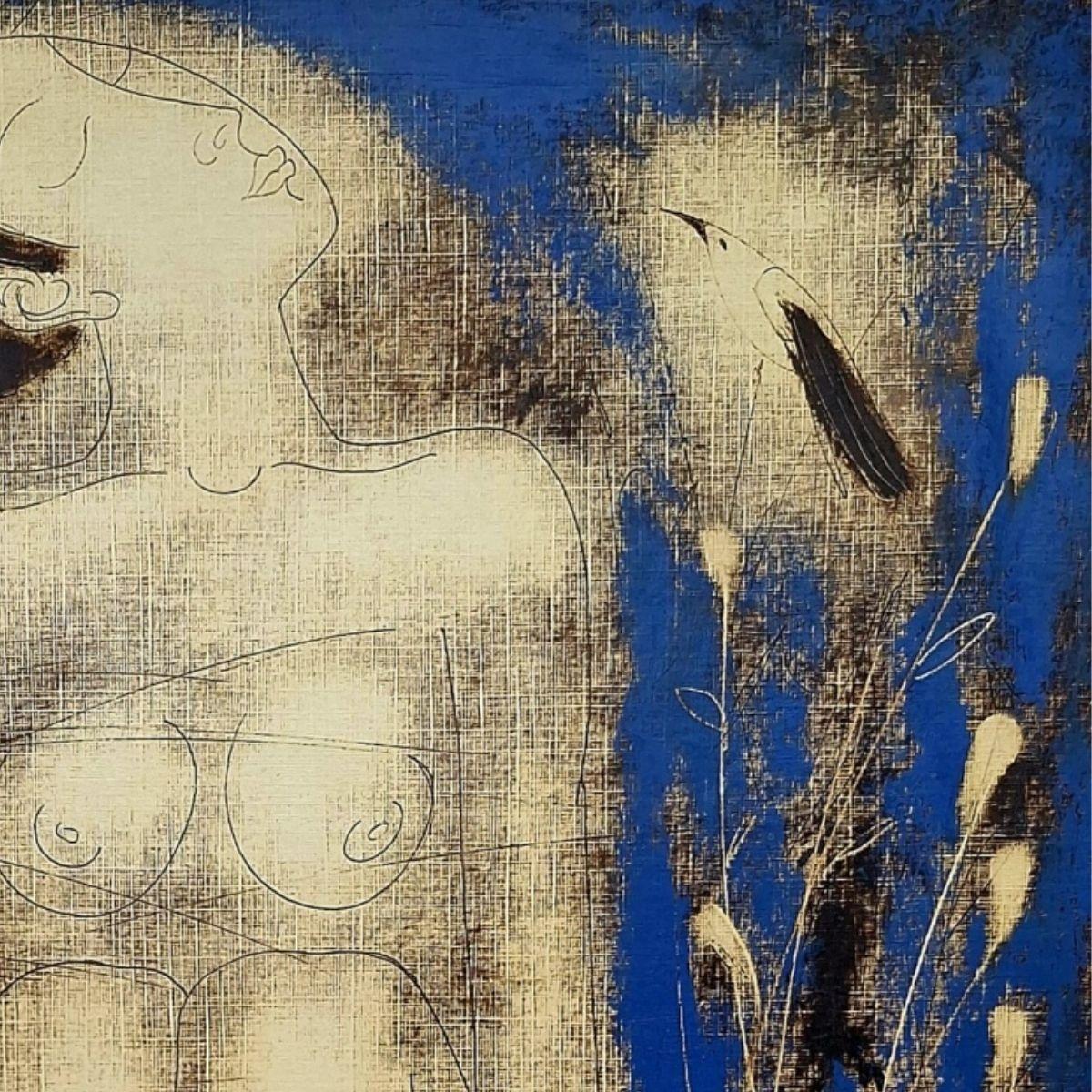 Desnuda con un pajarito. Monotipo figurativo contemporáneo, artista europeo - Nude Print Gris de Siergiej Timochow