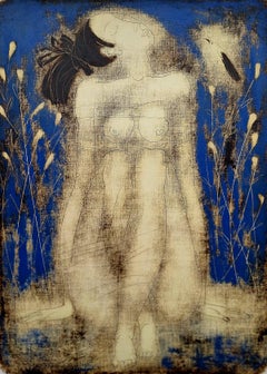 Nude with a birdie. Contemporary Figurative Monotype Print, European artist