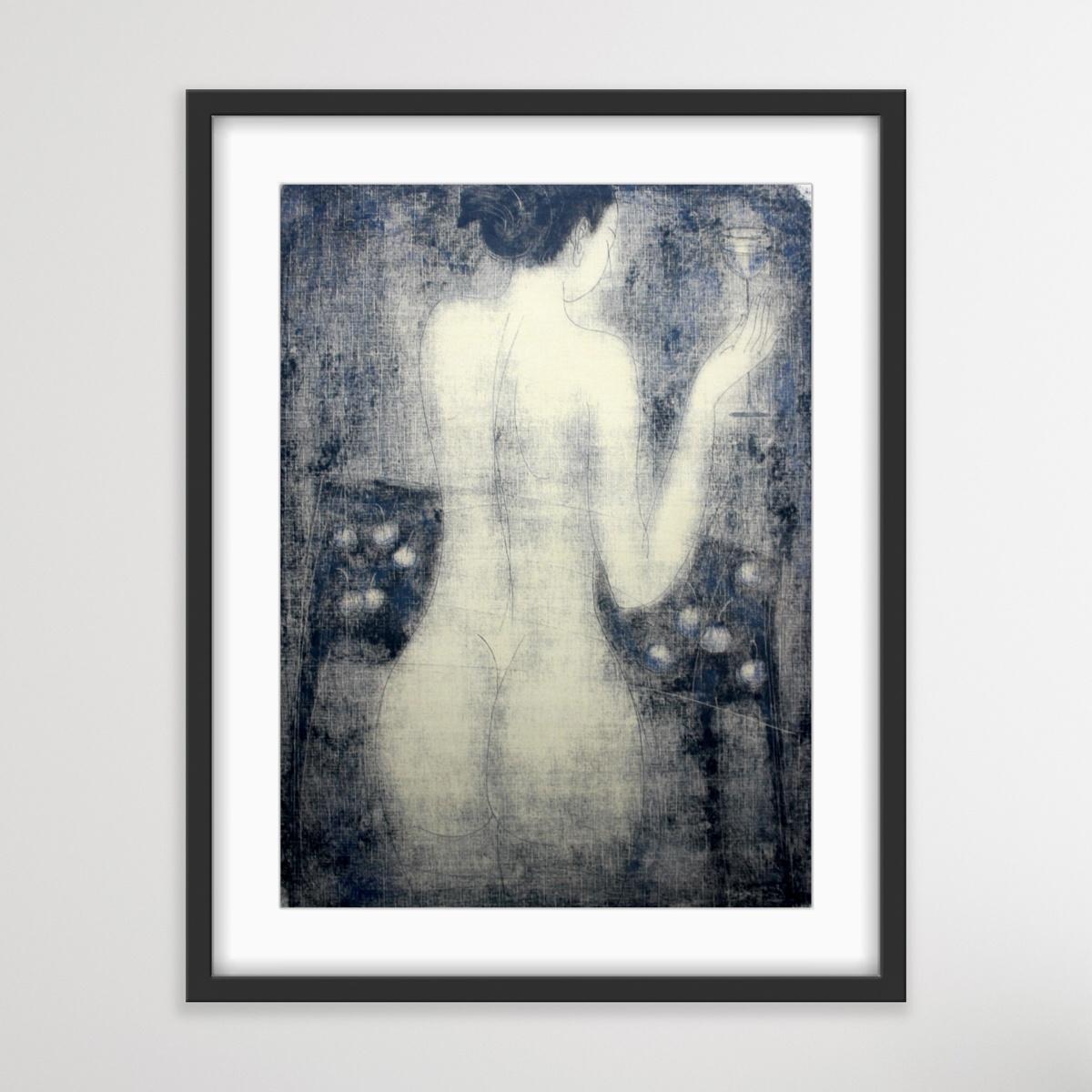 Nude with a glass - XXI Century, Figurative Monotype Print, Monochromatic For Sale 3