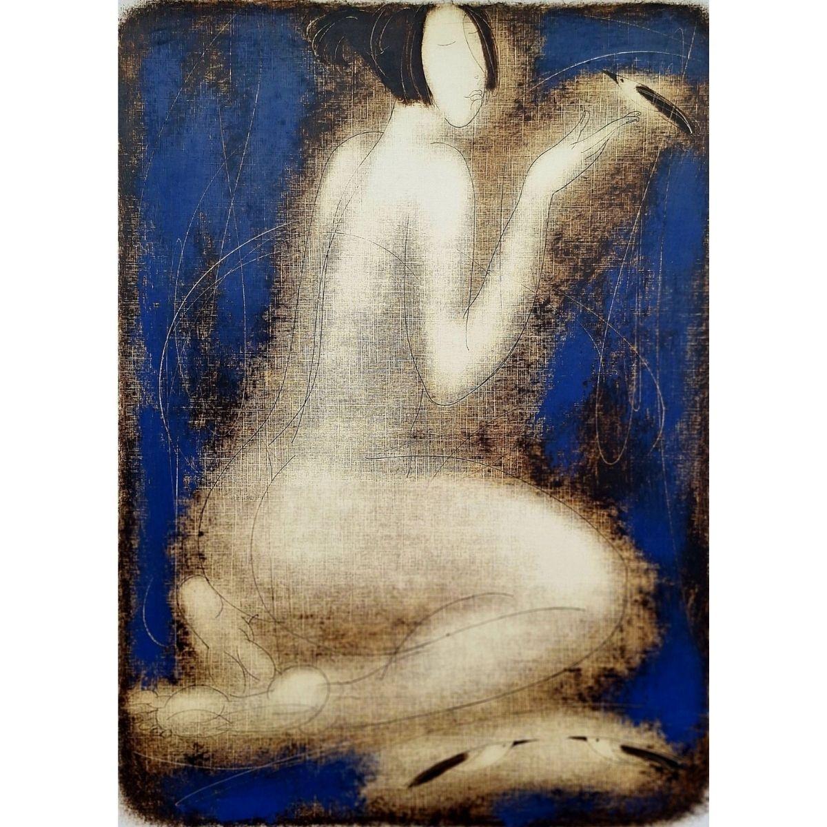 Desnudo con pájaros. Monotipo figurativo contemporáneo, artista europeo - Print Contemporáneo de Siergiej Timochow