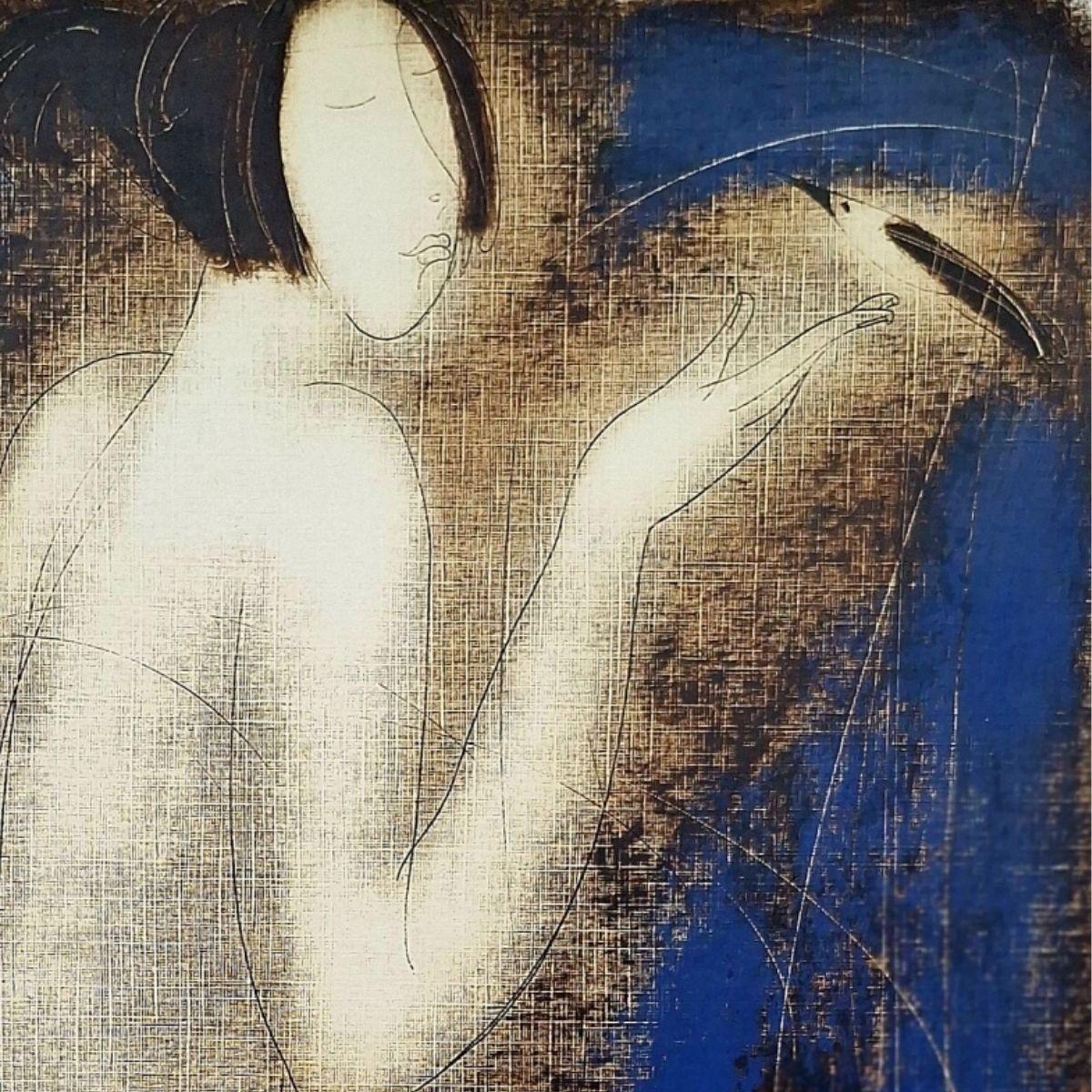 Desnudo con pájaros. Monotipo figurativo contemporáneo, artista europeo - Nude Print Negro de Siergiej Timochow