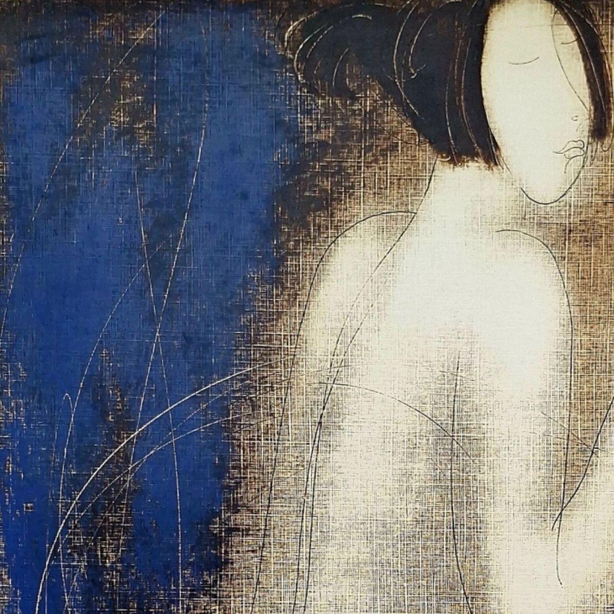 Desnudo con pájaros. Monotipo figurativo contemporáneo, artista europeo en venta 1