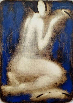 Nude with birds. Contemporary Figurative Monotype Print, European artist