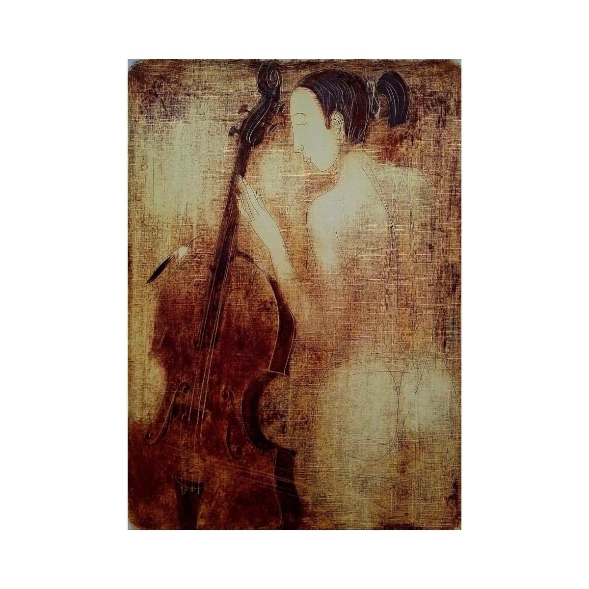 Desnudo con contrabajo. Monotipo figurativo contemporáneo, artista europeo - Print de Siergiej Timochow