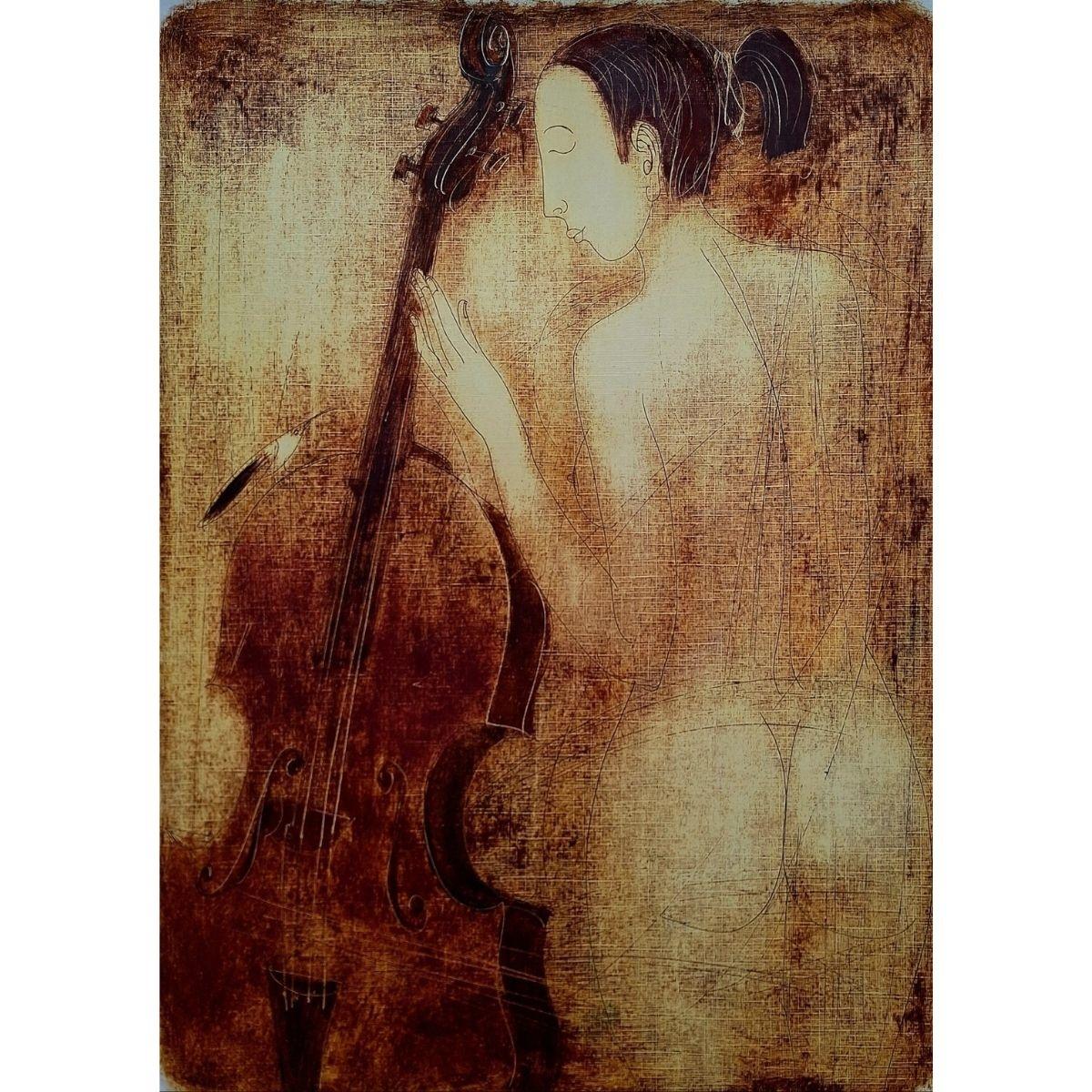 Desnudo con contrabajo. Monotipo figurativo contemporáneo, artista europeo - Print Contemporáneo de Siergiej Timochow