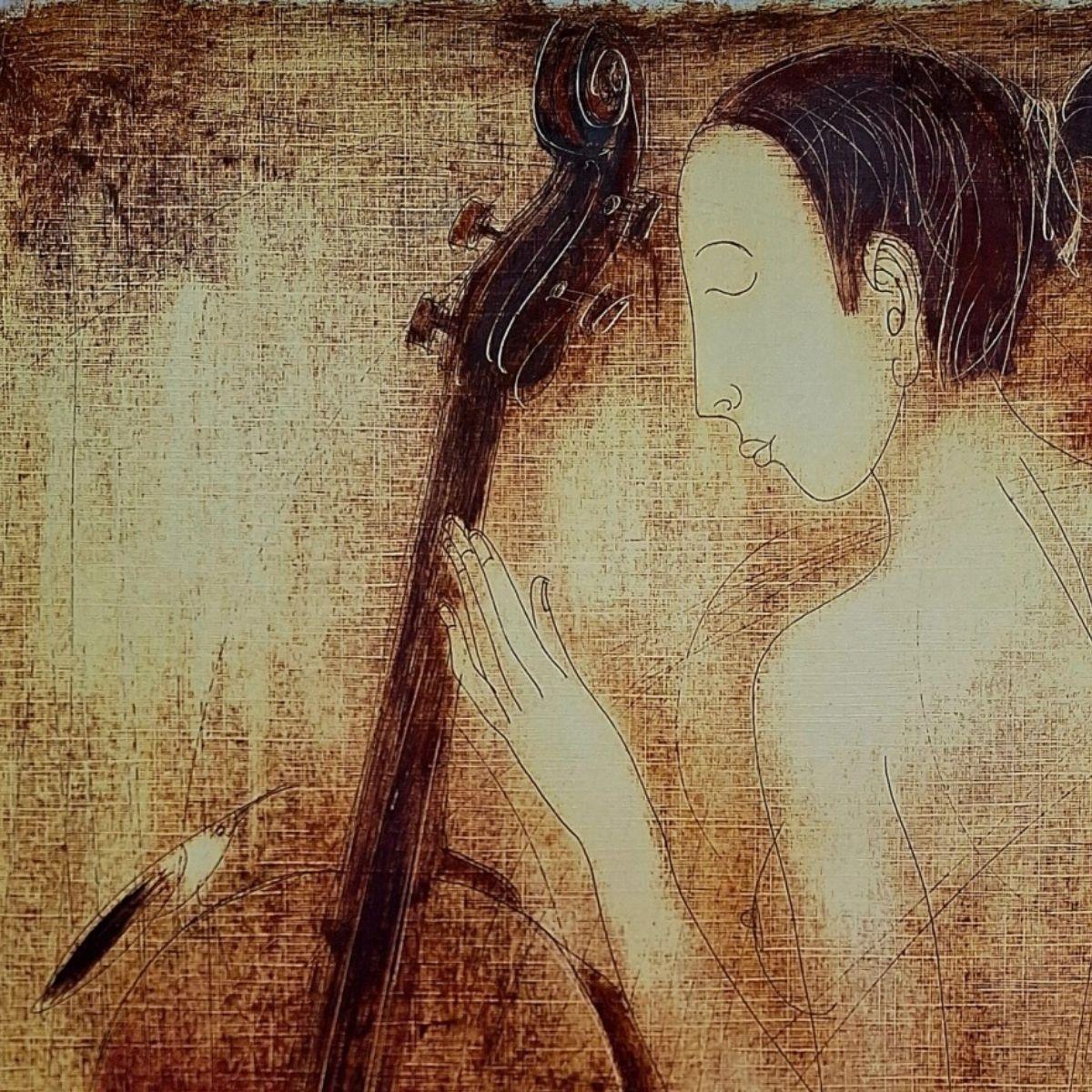 Desnudo con contrabajo. Monotipo figurativo contemporáneo, artista europeo - Nude Print Marrón de Siergiej Timochow