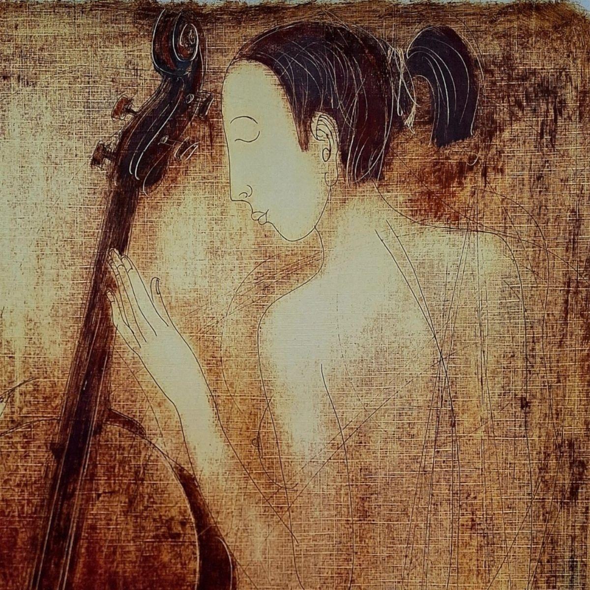 Desnudo con contrabajo. Monotipo figurativo contemporáneo, artista europeo en venta 1