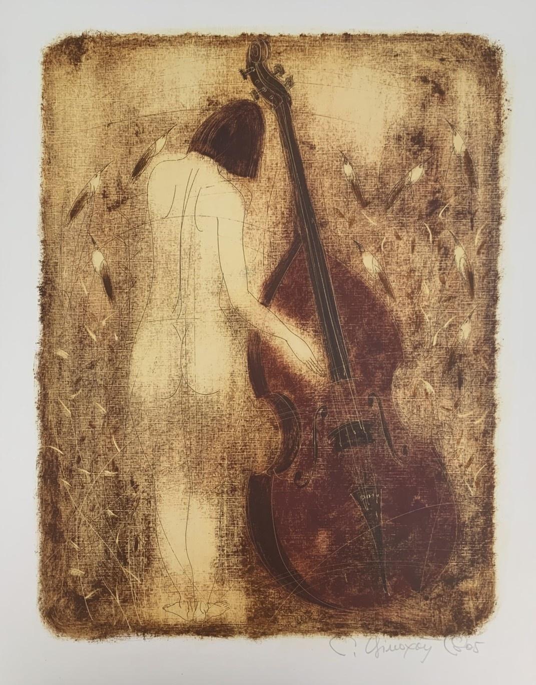 Nude with Double bass. Contemporary Figurative Monotype Print, European artist - Brown Figurative Print by Siergiej Timochow