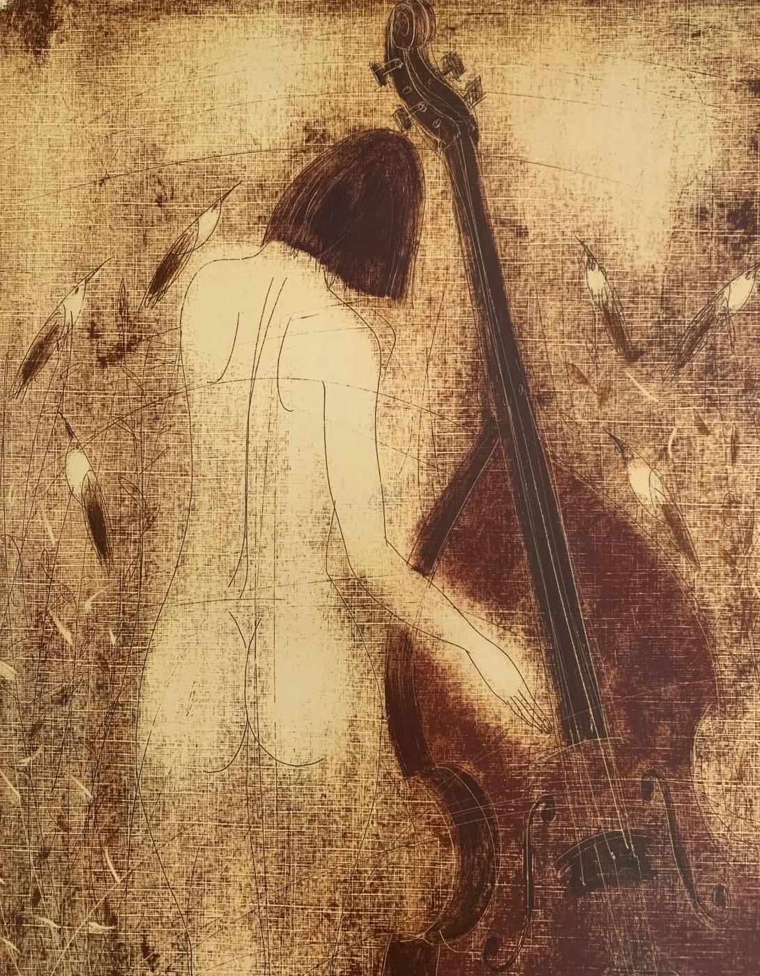 Contemporary figurative nude monotype print by Belarussian artist, Siergiej Timochow. Print depicts a woman playing on a double bass. The composition is monochromatic. The paper/cardboard is textured. 

Siergiej Timochow (b. in 1960)
He studied at