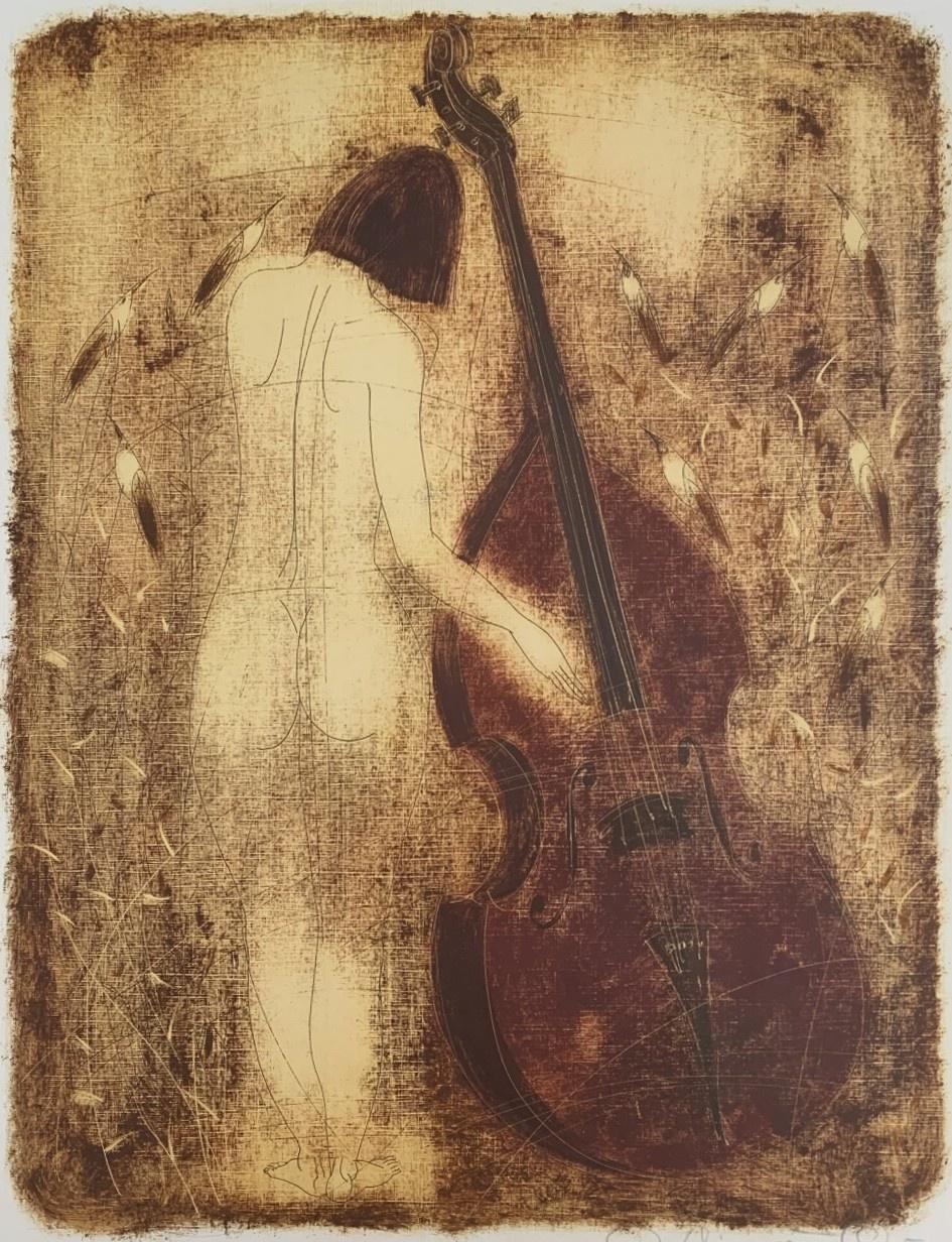 Desnudo con contrabajo. Monotipo figurativo contemporáneo, artista europeo