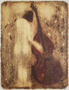 Nude with Double bass. Contemporary Figurative Monotype Print, European artist