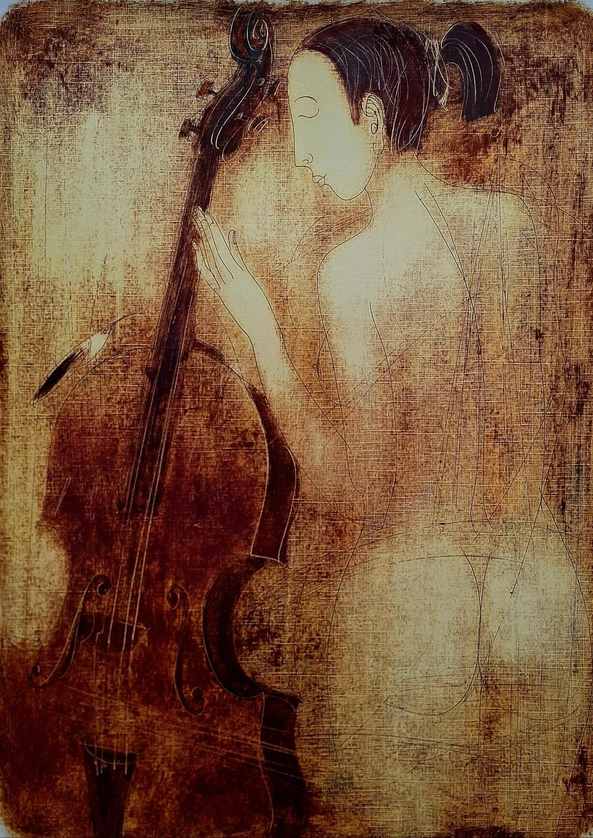 Nude with double bass. Contemporary Figurative Monotype Print, European artist