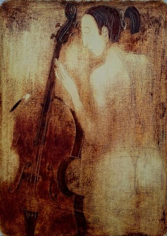 Nude with double bass. Contemporary Figurative Monotype Print, European artist