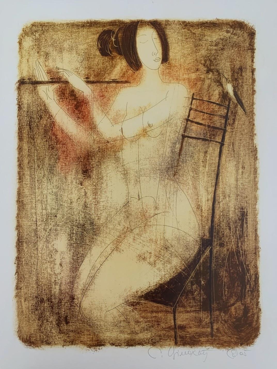 Nude with flute. Contemporary Figurative Monotype Print, European artist - Brown Figurative Print by Siergiej Timochow