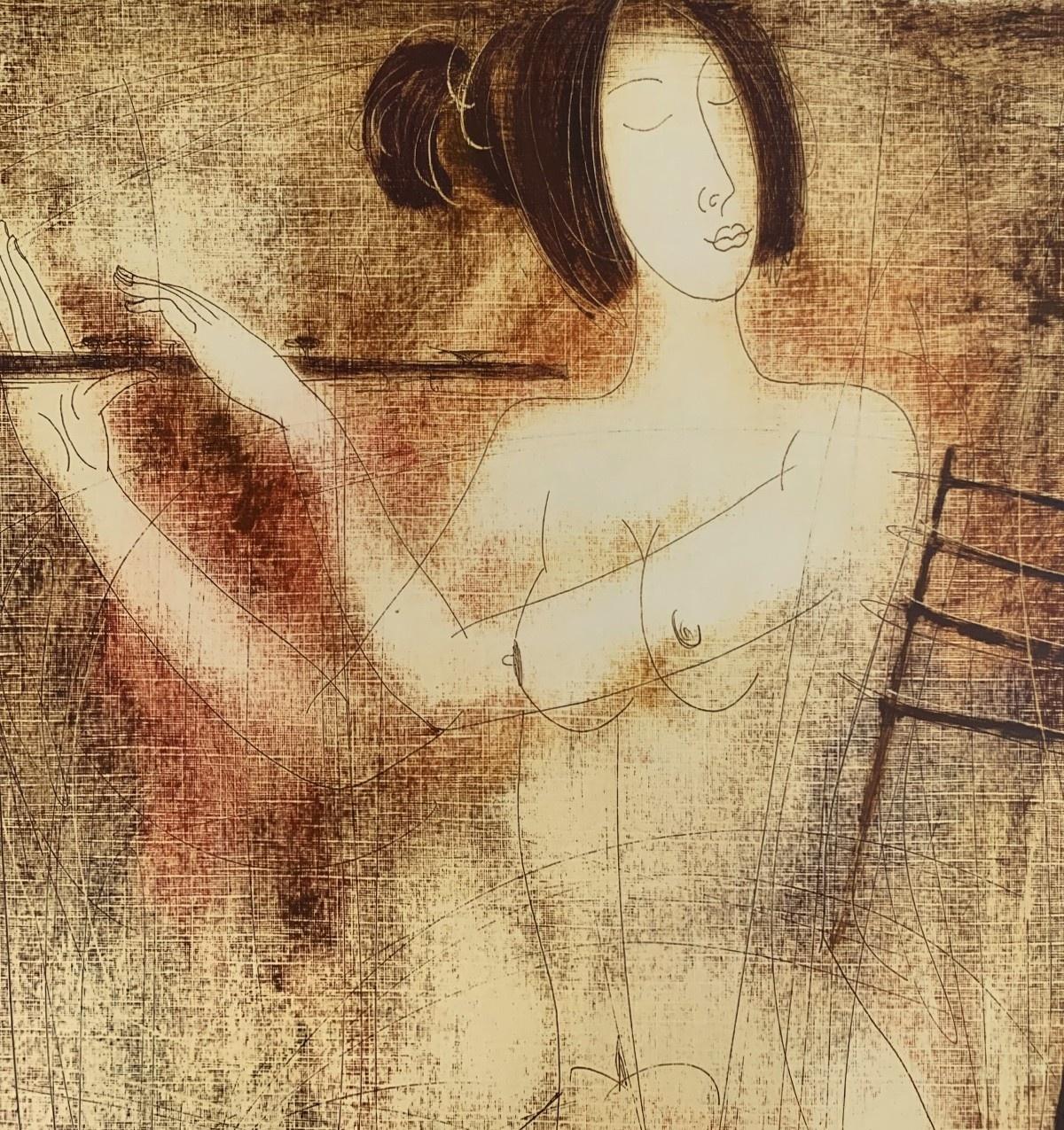 Zeitgenössischer figurativer Akt-Monotypie-Druck des weißrussischen Künstlers Siergiej Timochow. Der Druck zeigt eine Frau, die auf einer Flöte spielt. Die Komposition ist monochromatisch. Das Papier/Karton ist strukturiert. 

Siergiej Timochow