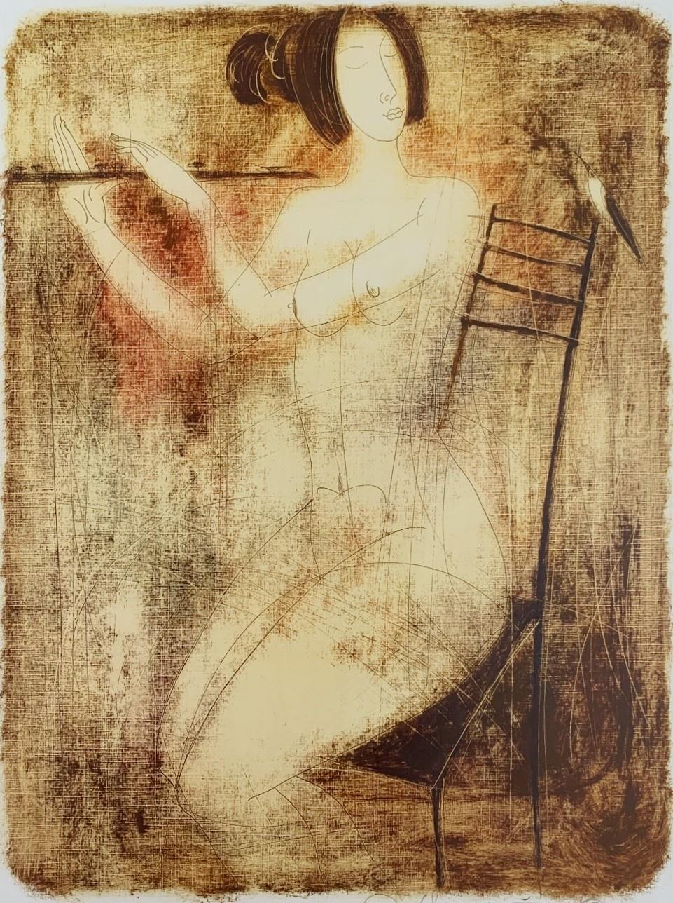 Desnudo con flauta. Monotipo figurativo contemporáneo, artista europeo