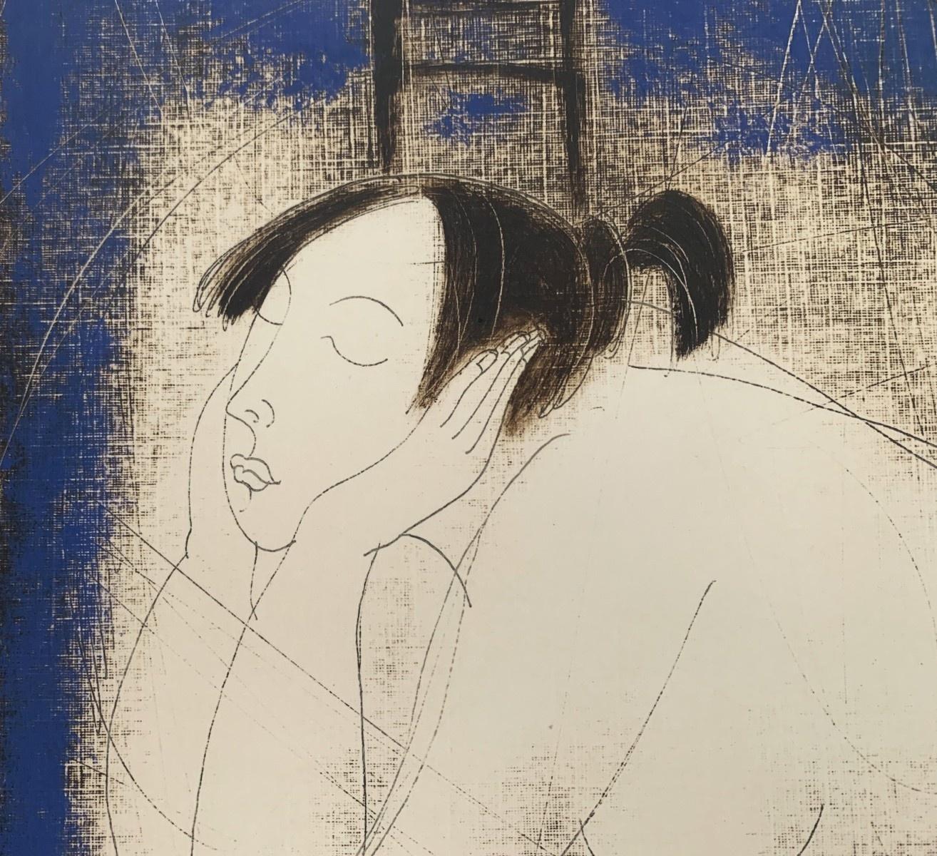 Contemporary figurative nude monotype print by Belarussian artist, Siergiej Timochow. Print depicts a woman laying with music notes in the background. The composition is monochromatic. The paper/cardboard is textured. 

Siergiej Timochow (b. in