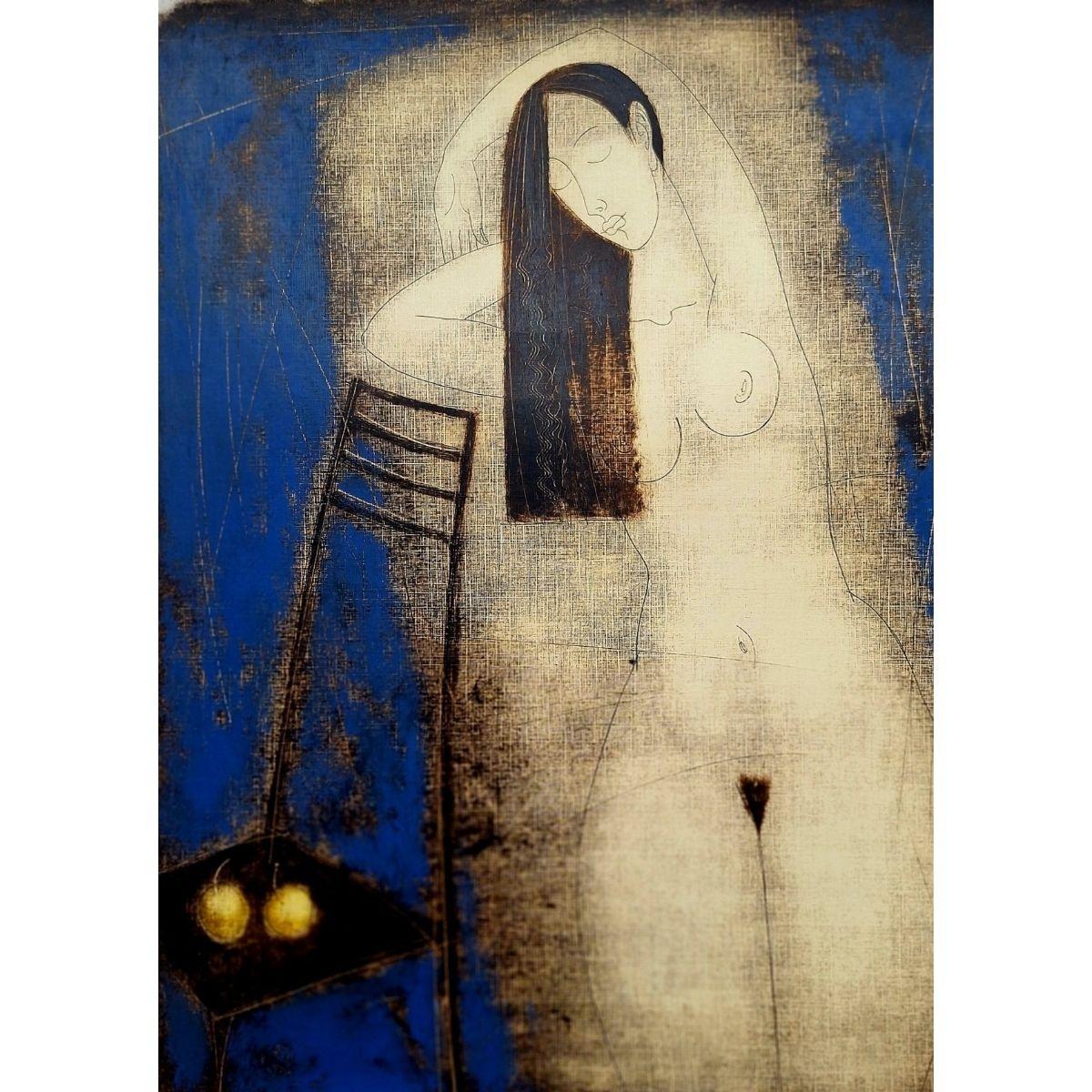 Nackt mit Paradiesäpfeln. Zeitgenössischer Akt Monotypie-Druck, europäischer Künstler (Schwarz), Figurative Print, von Siergiej Timochow