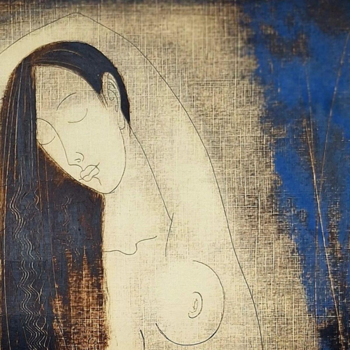 Zeitgenössischer figurativer Akt-Monotypie-Druck des weißrussischen Künstlers Siergiej Timochow. Der Druck zeigt eine sitzende Frau. Die Komposition ist in Blau und Dunkelbraun gehalten. Monotypie auf strukturiertem Papier. 

Timochows Monotypien