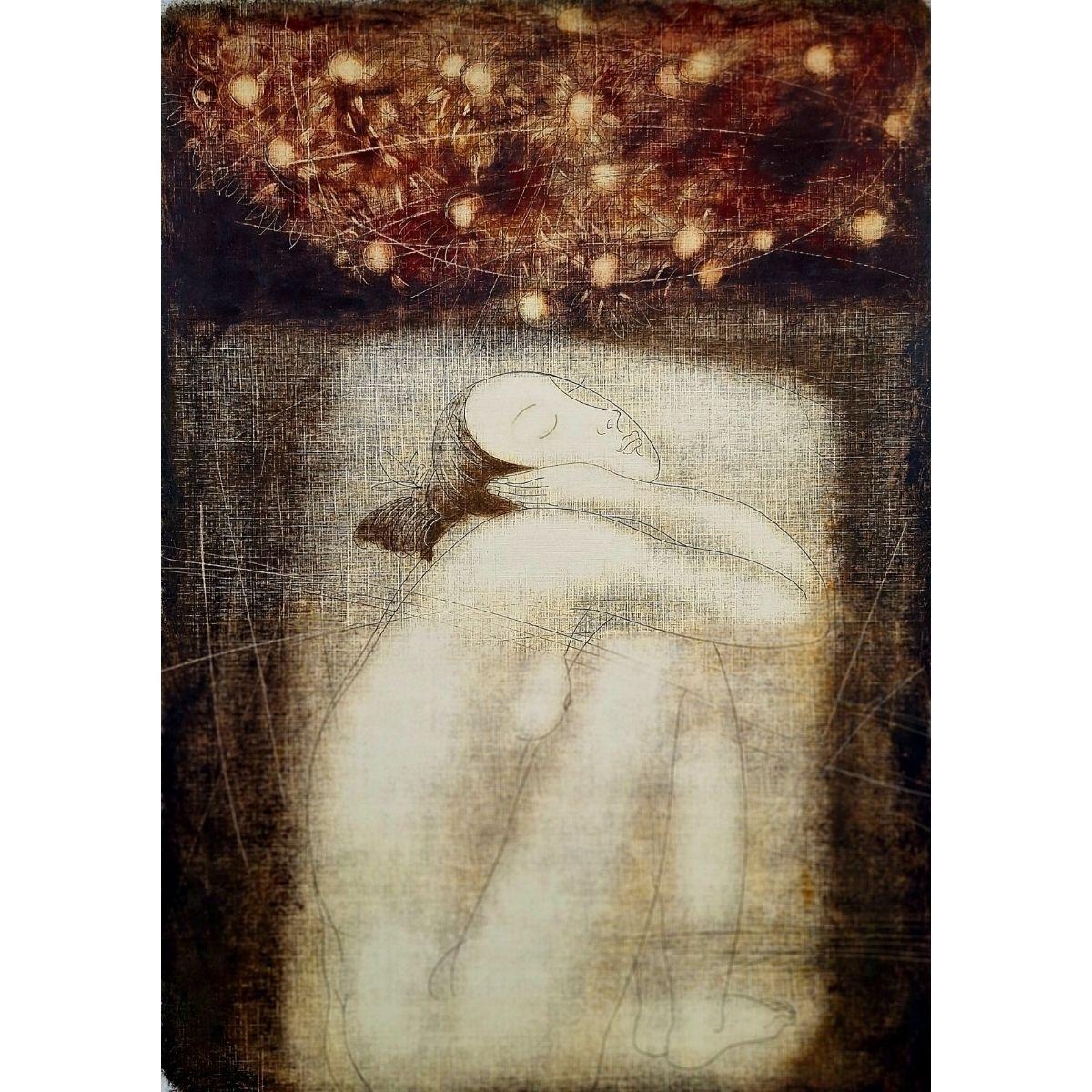 Nackt mit Paradiesäpfeln. Zeitgenössischer Akt Monotypie-Druck, europäischer Künstler (Schwarz), Figurative Print, von Siergiej Timochow